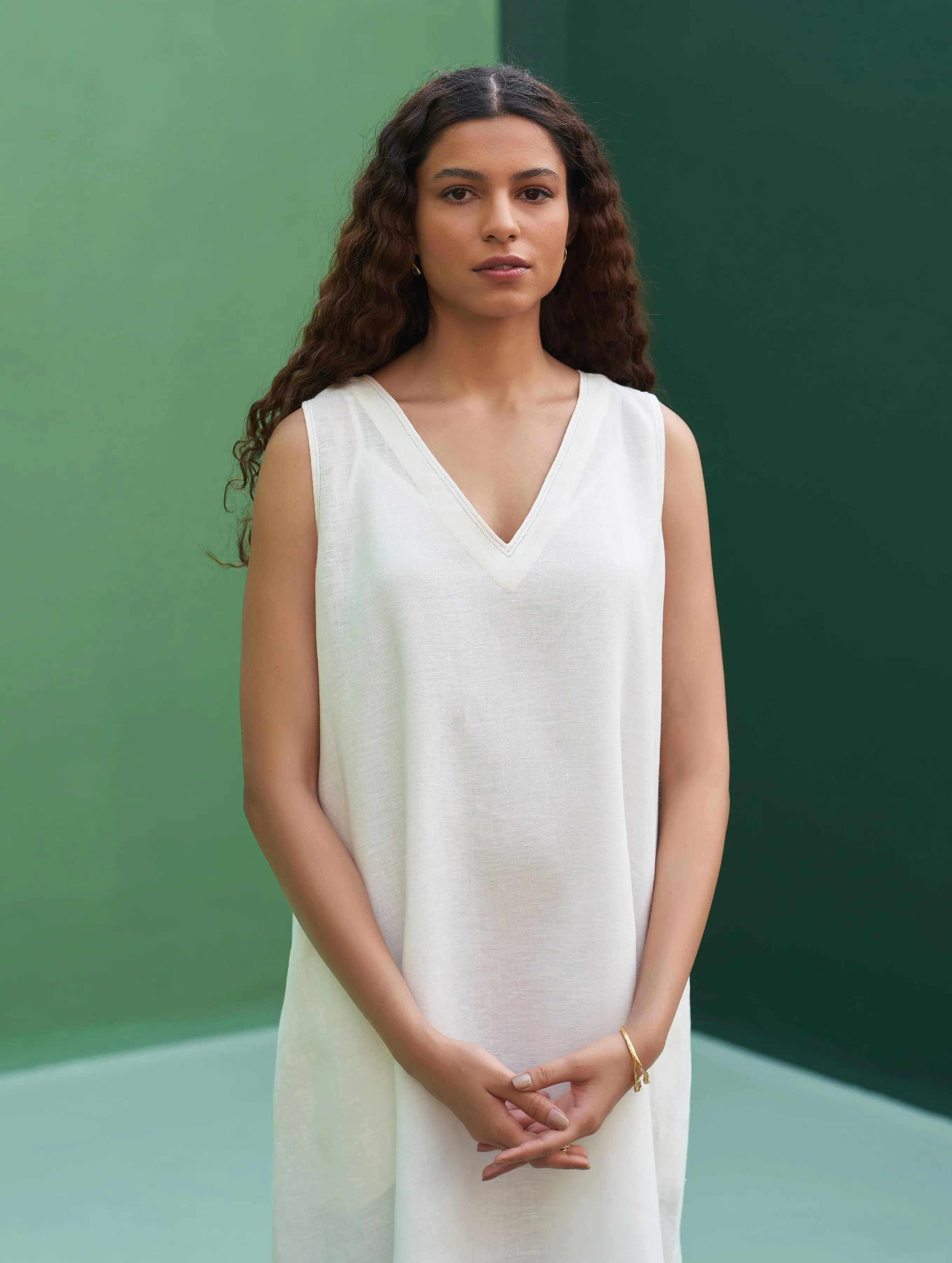 Jin Border Linen Dress - Ivory