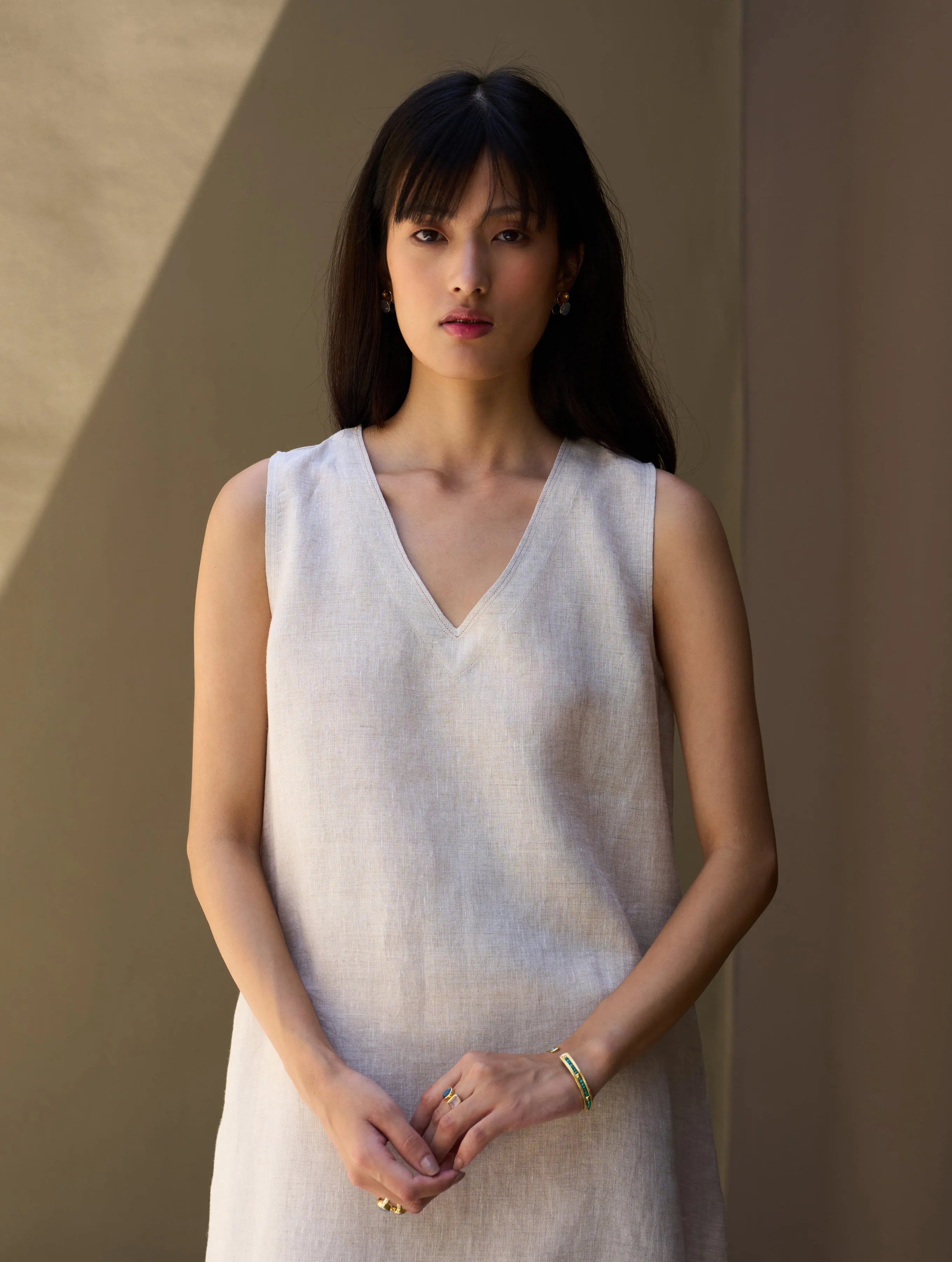 Jin Border Linen Dress - Natural