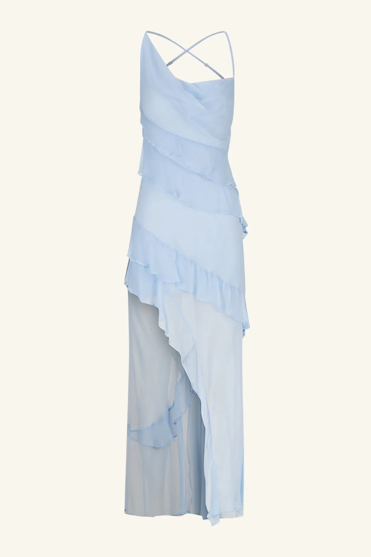 LAYLA ASYMMETRICAL RUFFLE MAXI DRESS - SKY