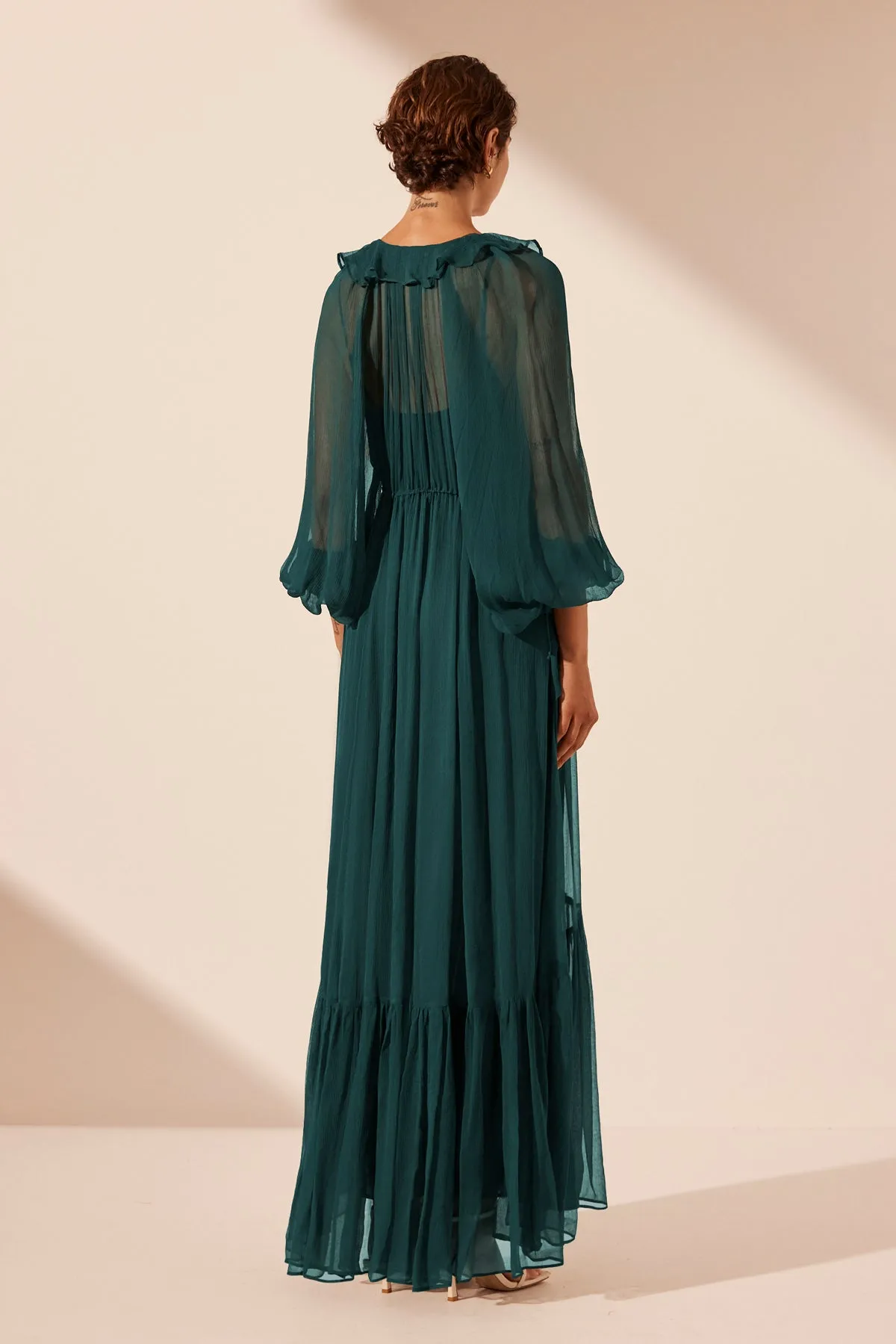 LAYLA DRAWSTRING RUFFLE MAXI DRESS - DARK TEAL