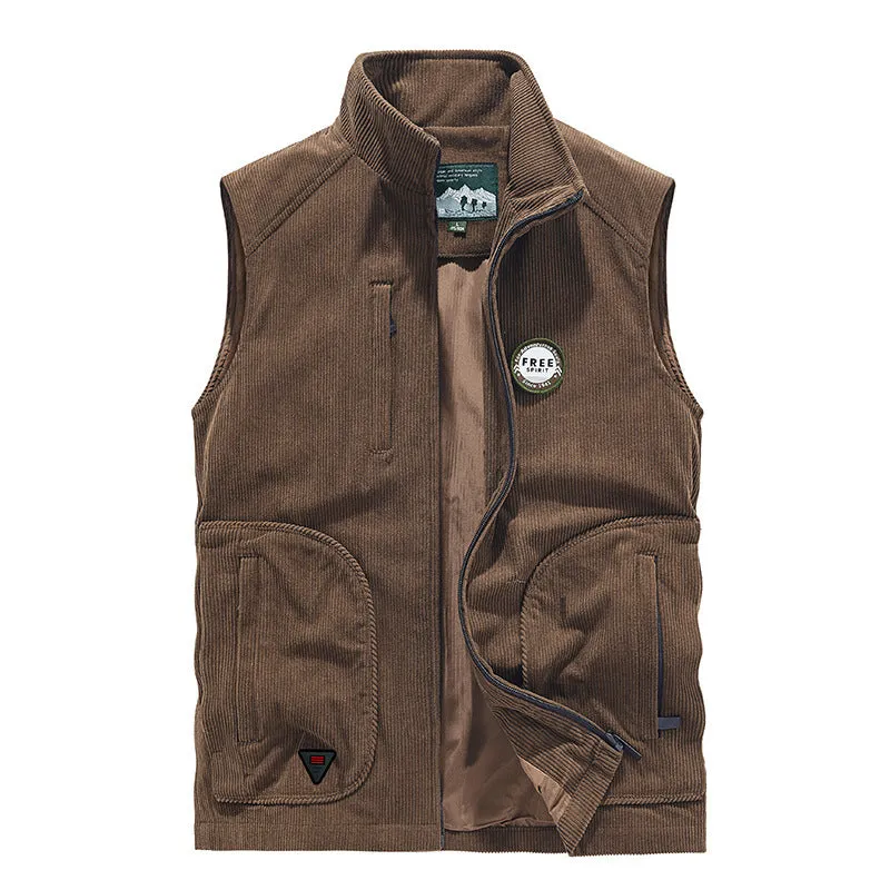 Loose Retro Brown Zipper Daily Hoodless Men's Vest