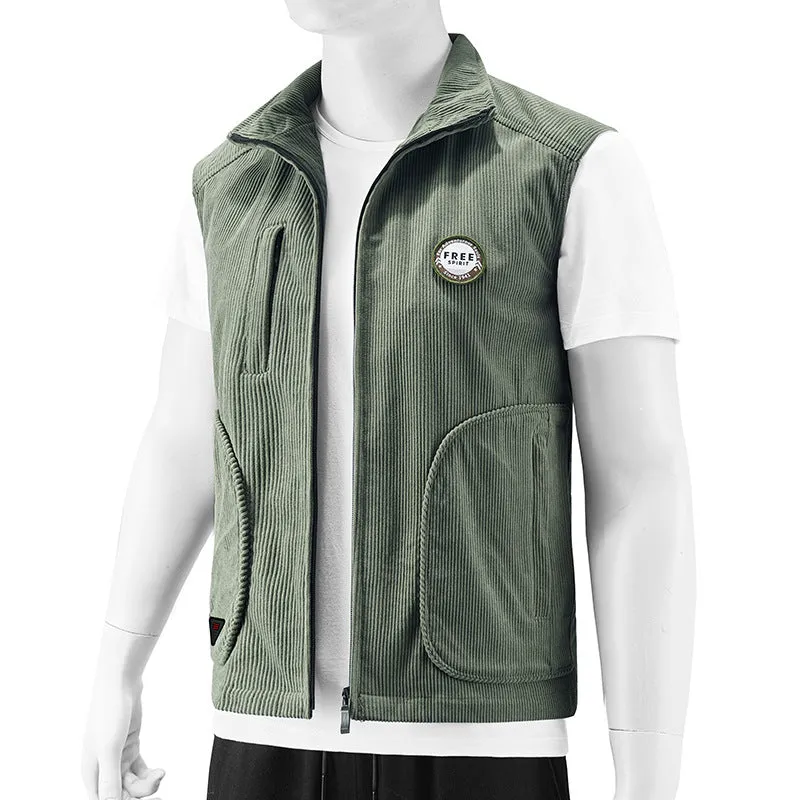 Loose Retro Brown Zipper Daily Hoodless Men's Vest