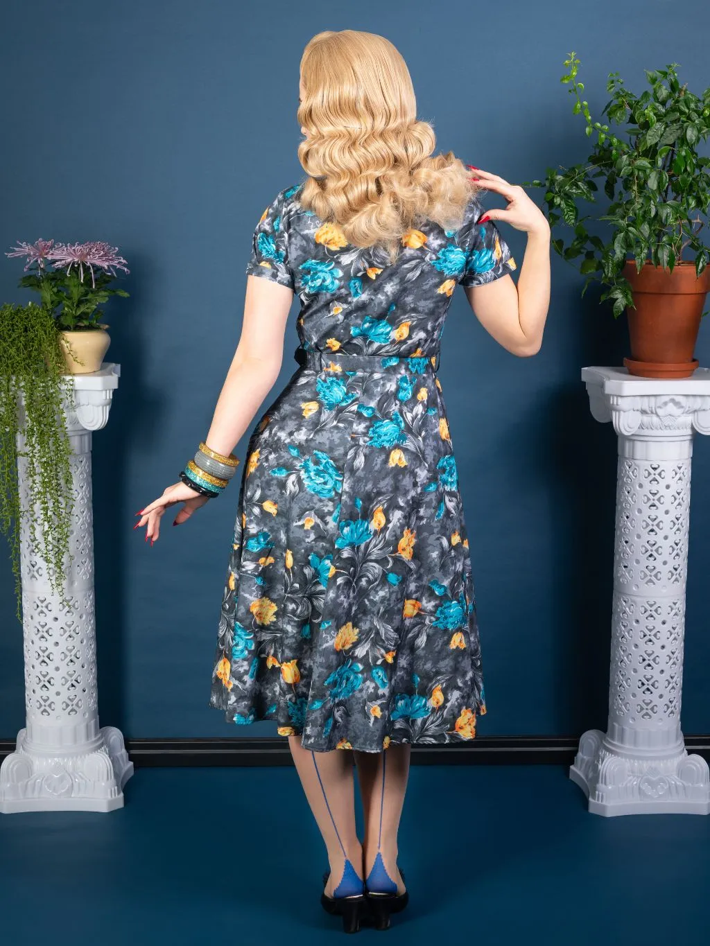 Lucy Retro Grey Dress with Floral Print