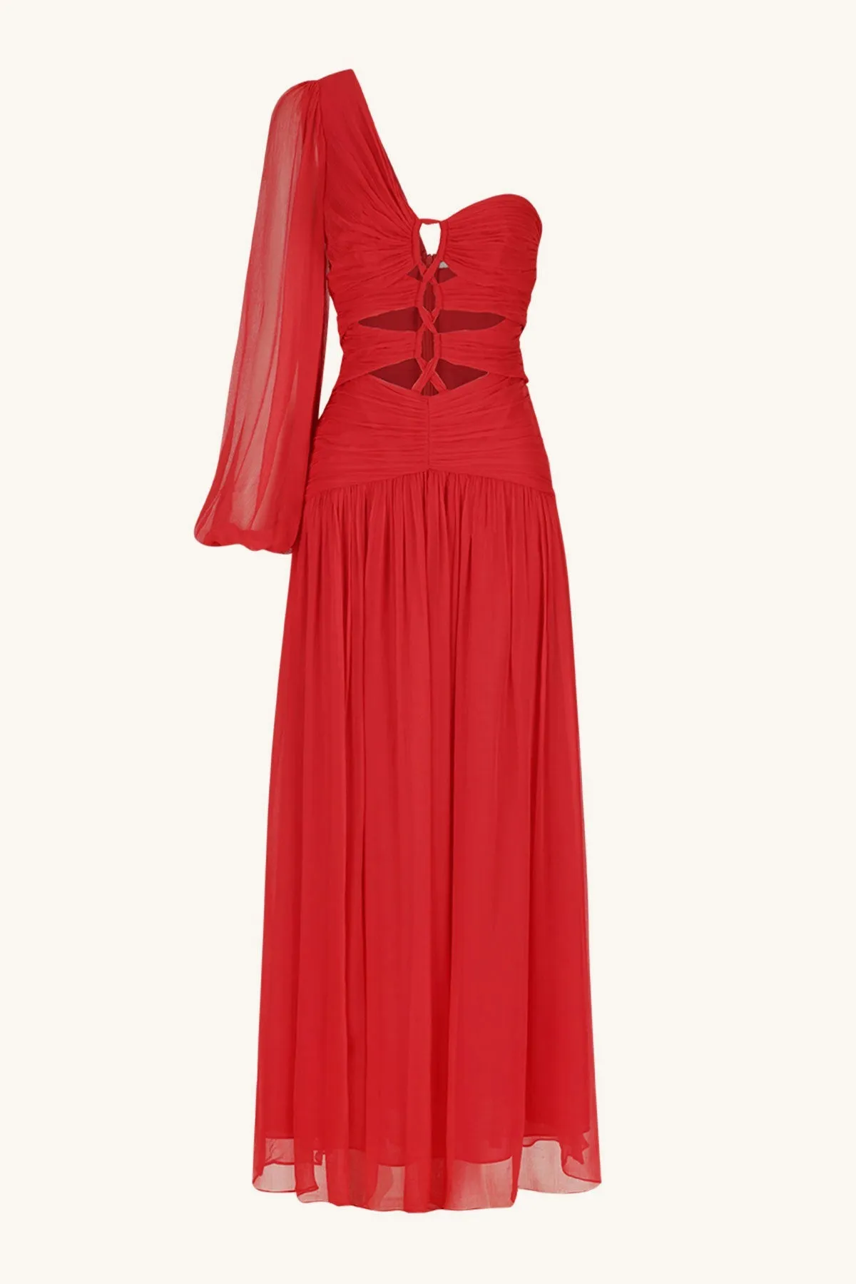 MARGOT LONG SLEEVE ONE SHOULDER LACE UP MAXI DRESS - SAILOR RED