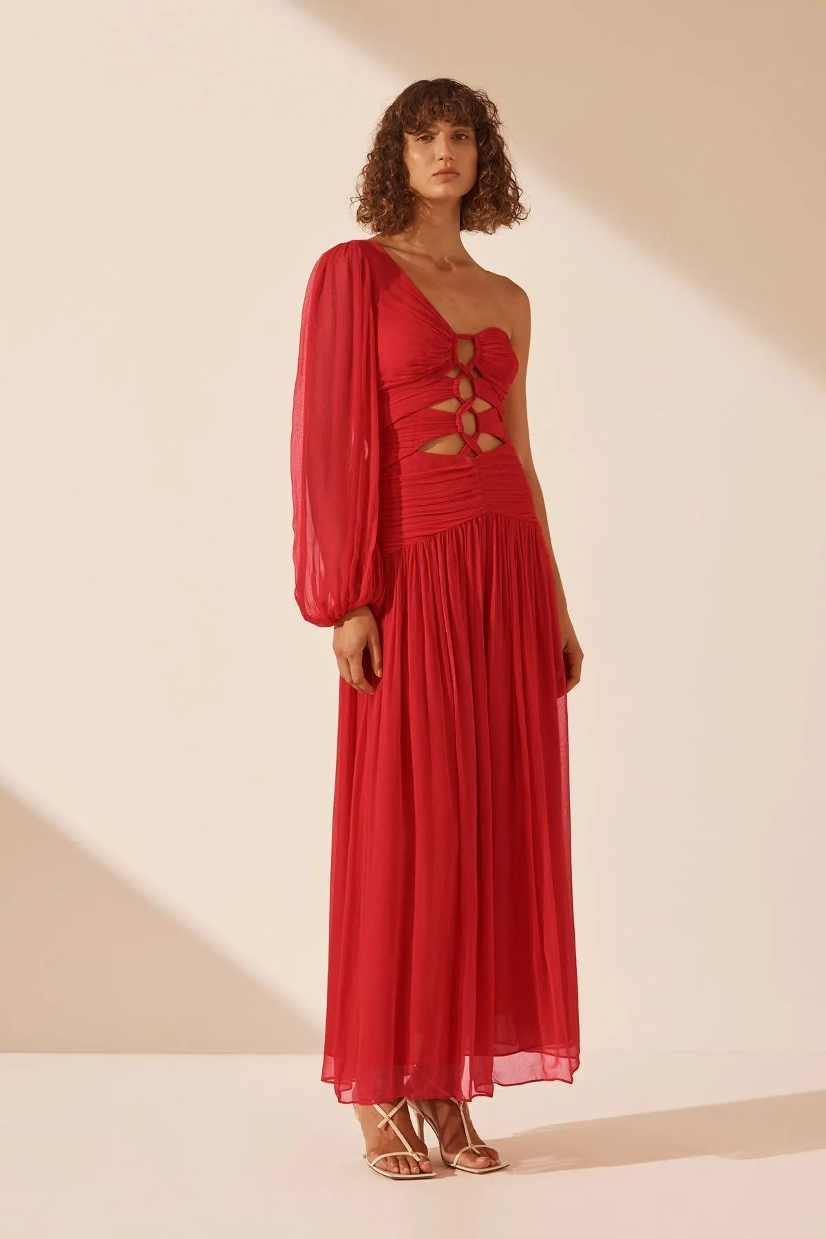 MARGOT LONG SLEEVE ONE SHOULDER LACE UP MAXI DRESS - SAILOR RED