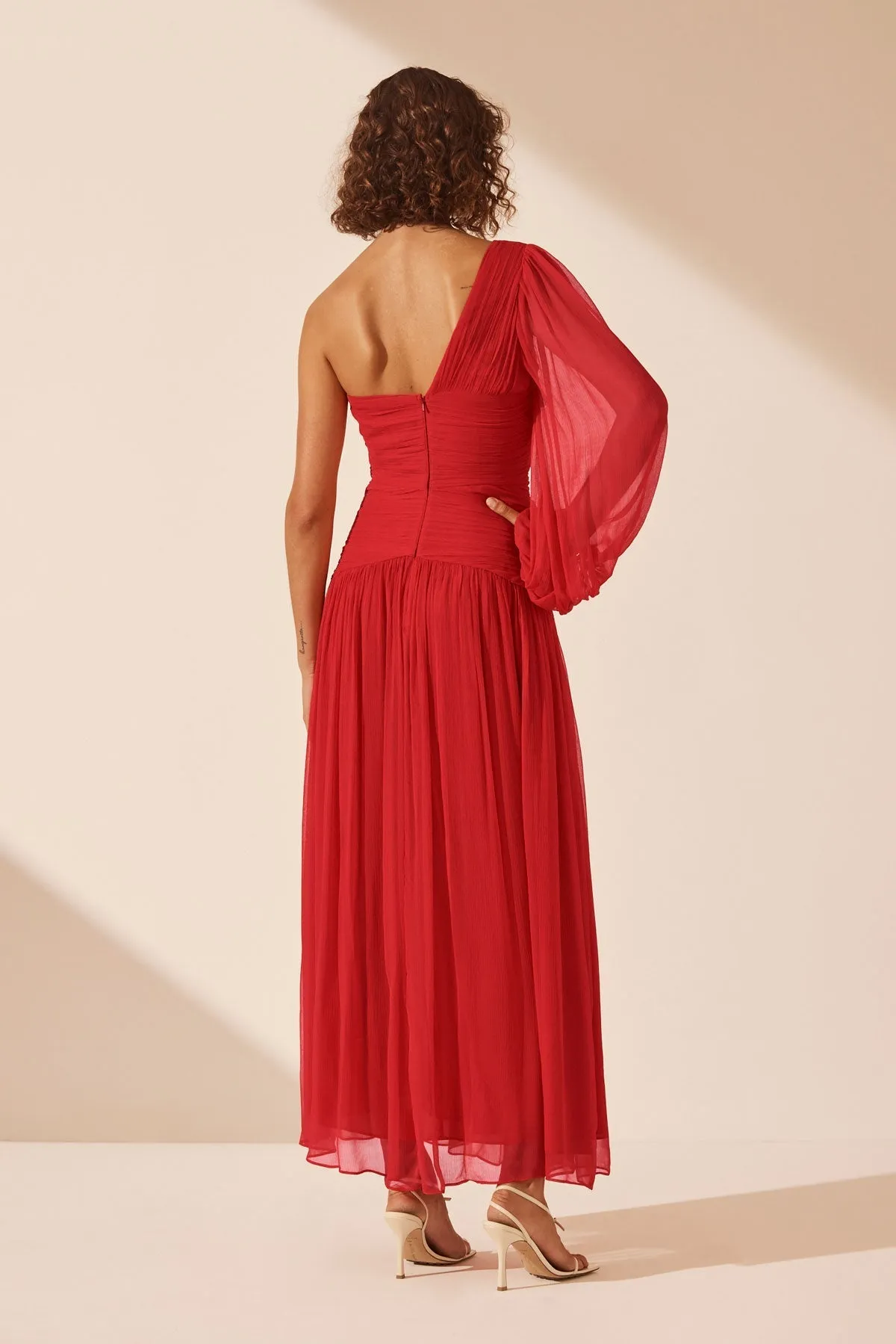 MARGOT LONG SLEEVE ONE SHOULDER LACE UP MAXI DRESS - SAILOR RED