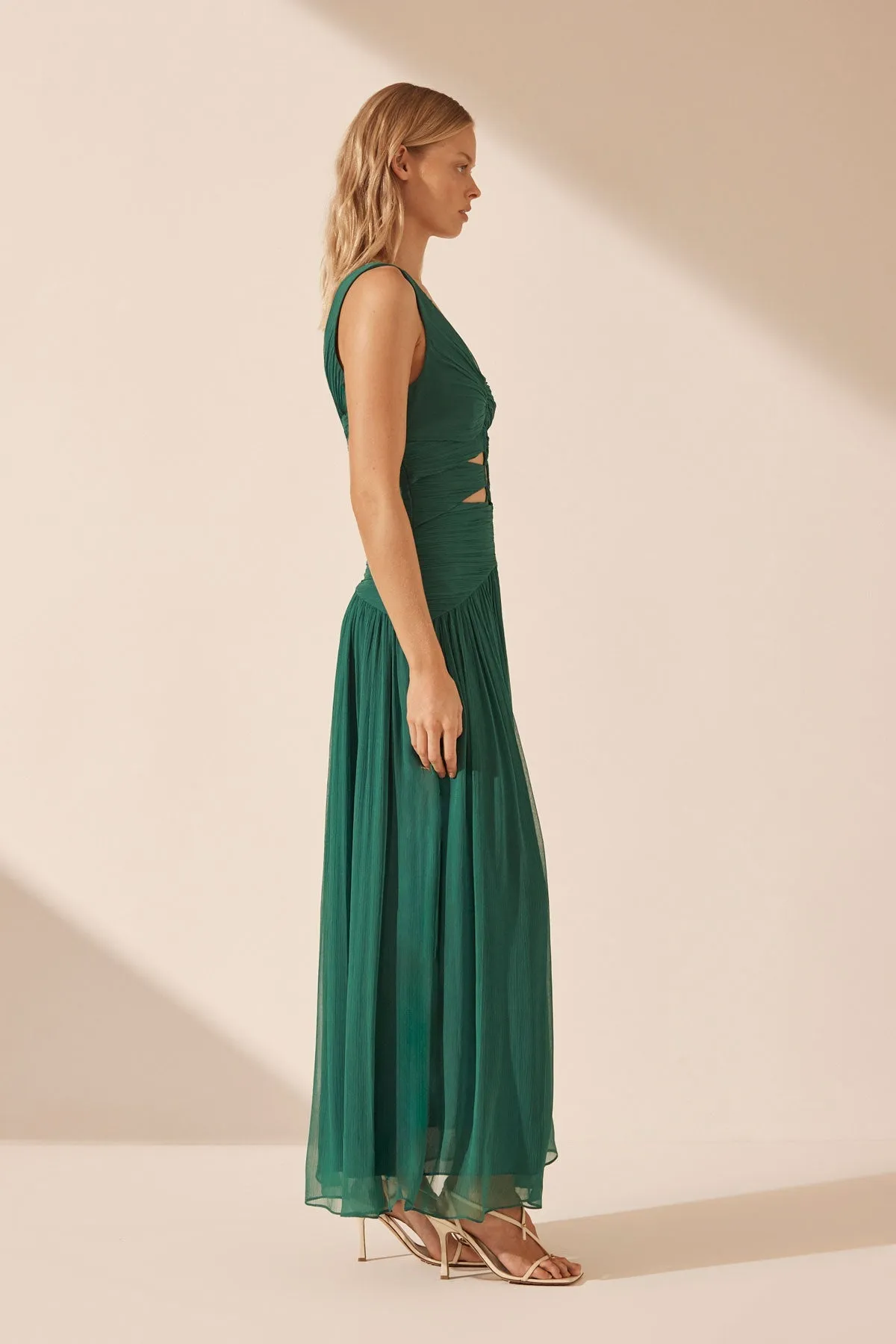 MARGOT ONE SHOULDER LACE UP MAXI DRESS - EVERGREEN