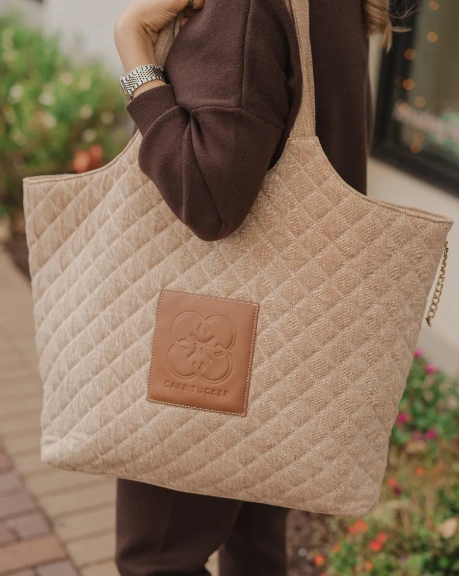 Maxi Quilted Denim Tote Bag Tan