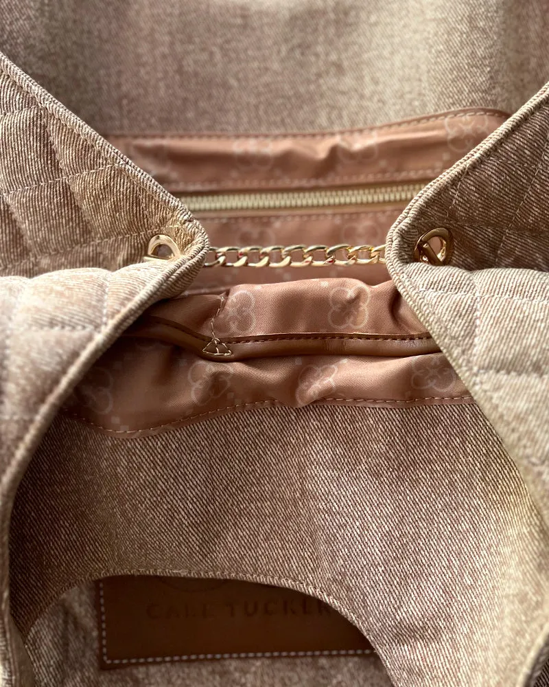 Maxi Quilted Denim Tote Bag Tan