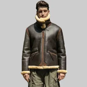 Men's Brown Shearling Flight Jacket - Leather Merino Sheepskin Jacket