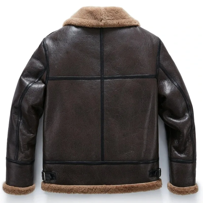 Mens Brown Sheepskin B-3 Bomber Shearling Flight Jacket