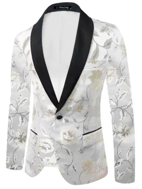 Men's White Floral Satin Brocade Blazer Dinner Jacket