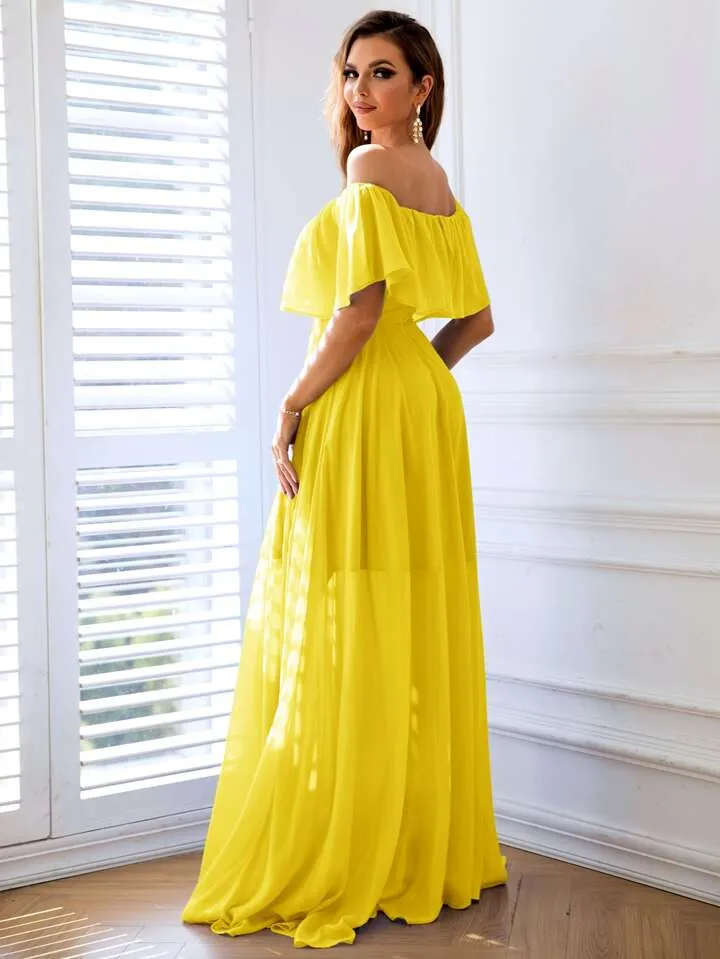 Off shoulder ruffle trim split thigh chiffon dress in yellow