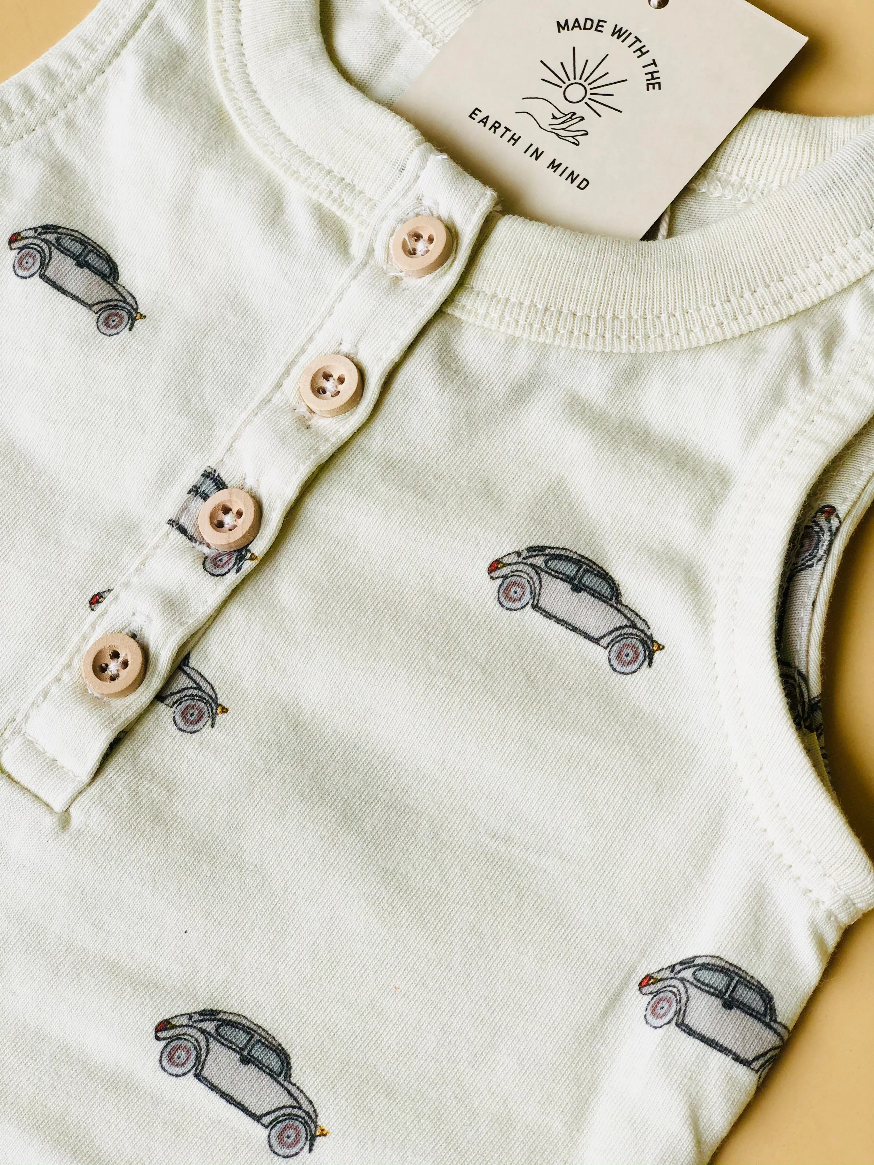 Organic VW Henley, Baby Romper, with Snap Shorts