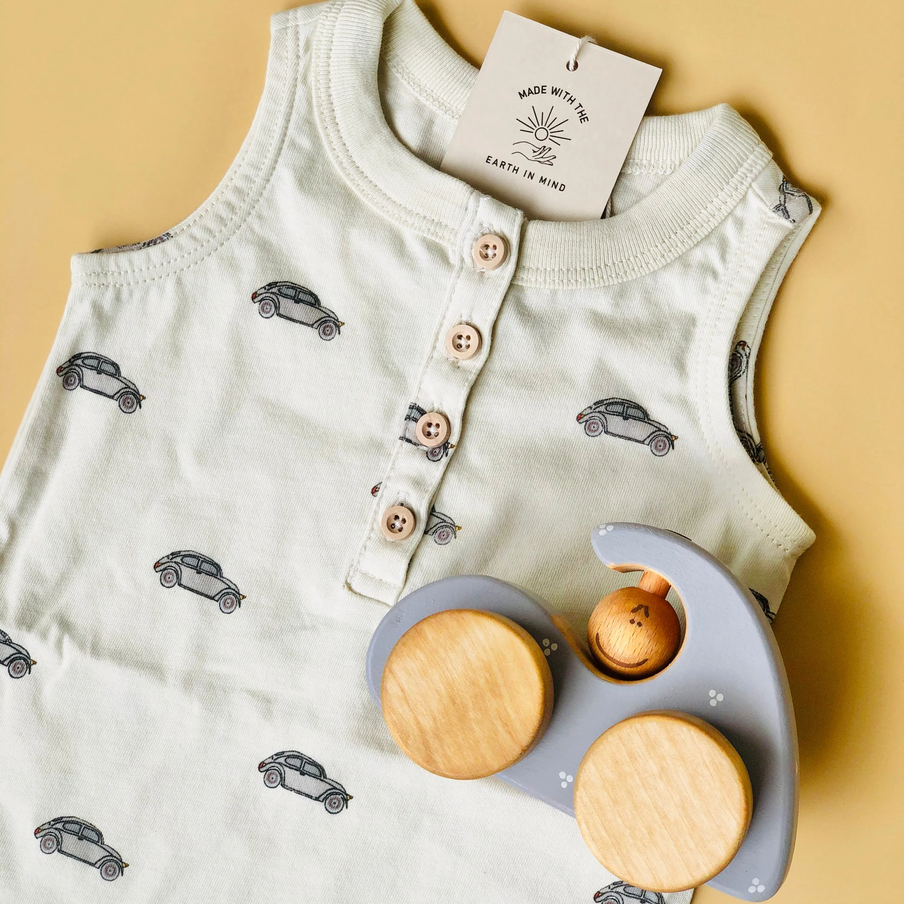 Organic VW Henley, Baby Romper, with Snap Shorts