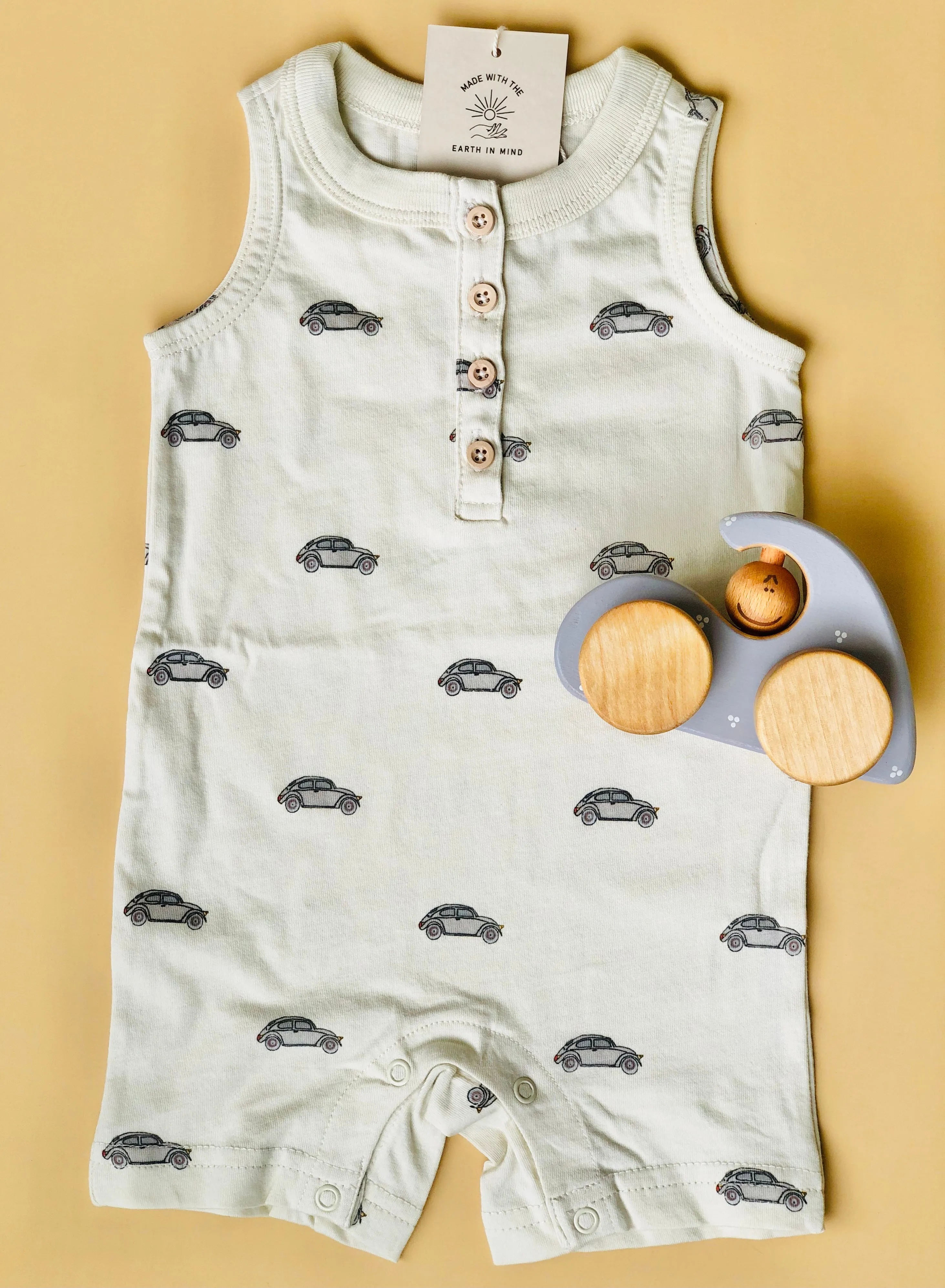 Organic VW Henley, Baby Romper, with Snap Shorts