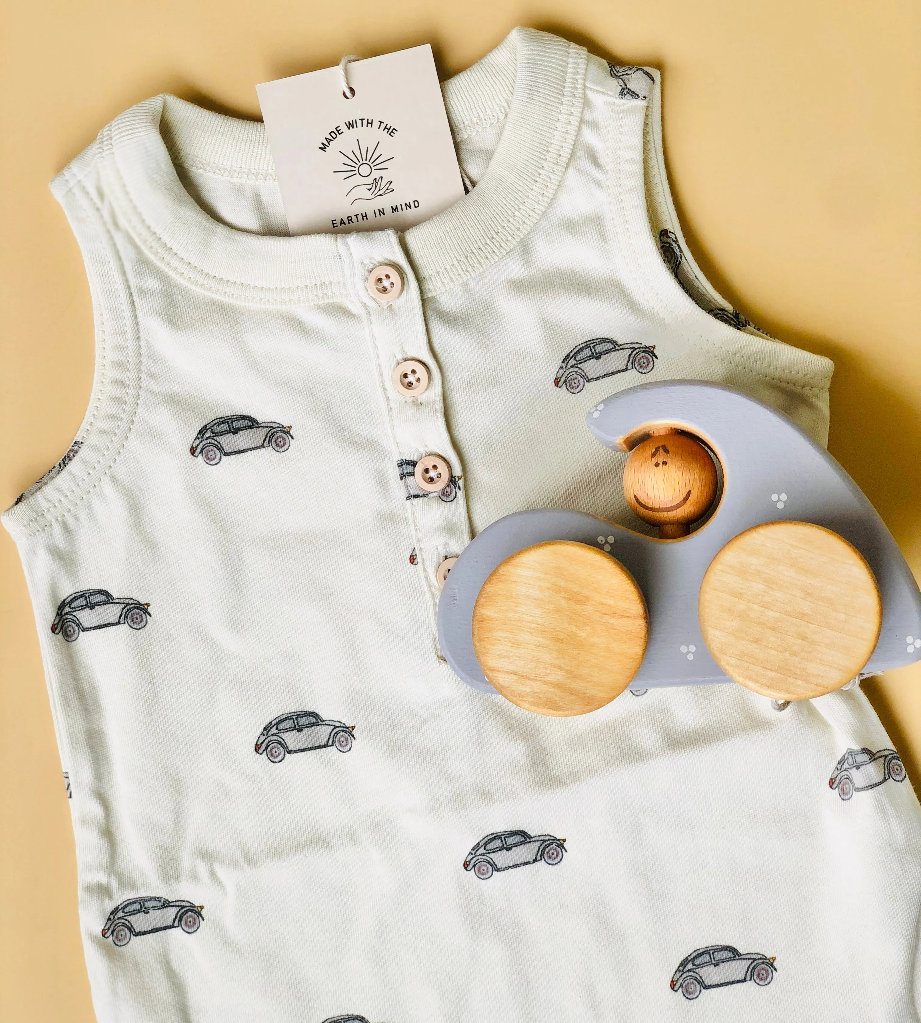 Organic VW Henley, Baby Romper, with Snap Shorts