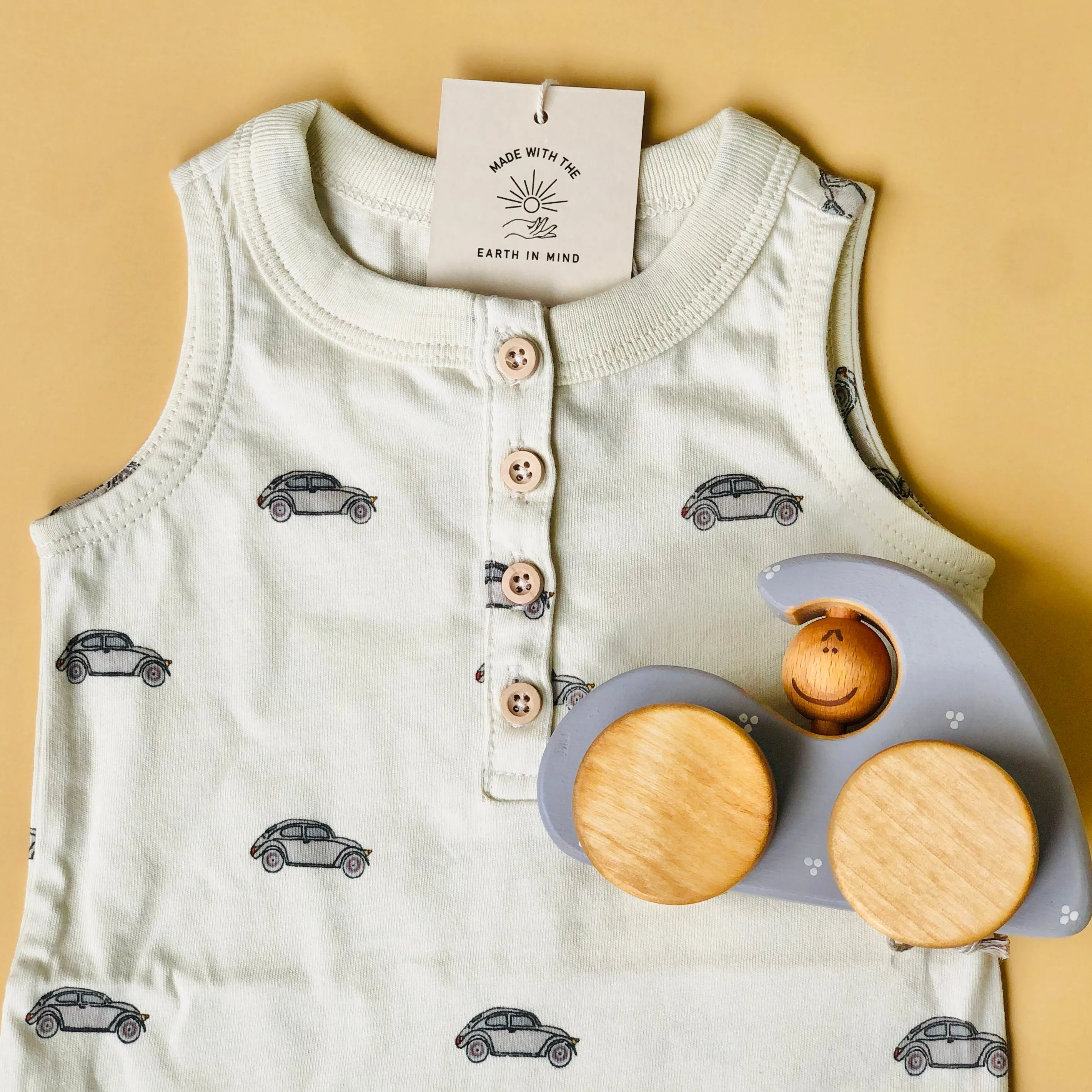 Organic VW Henley, Baby Romper, with Snap Shorts