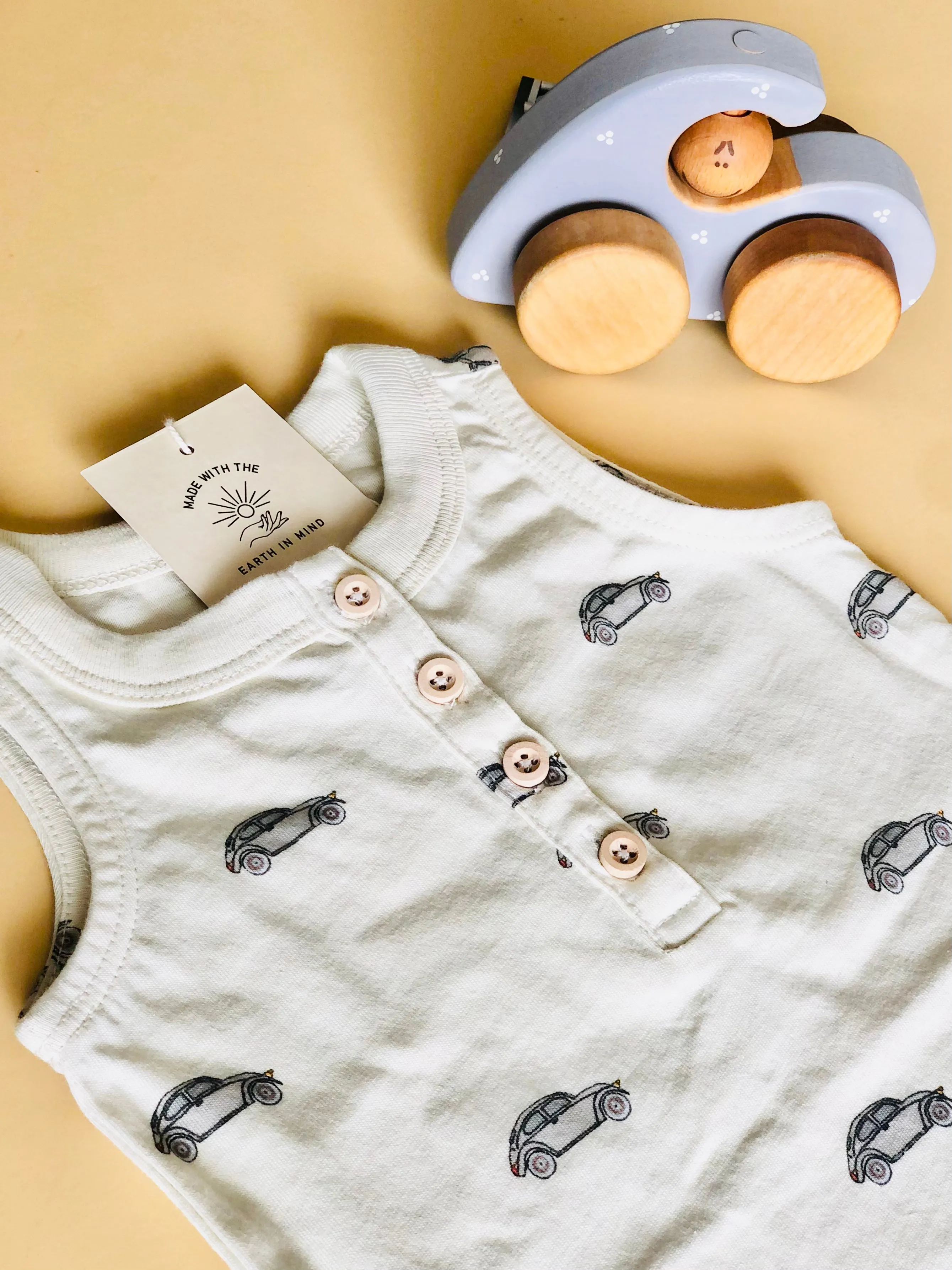 Organic VW Henley, Baby Romper, with Snap Shorts