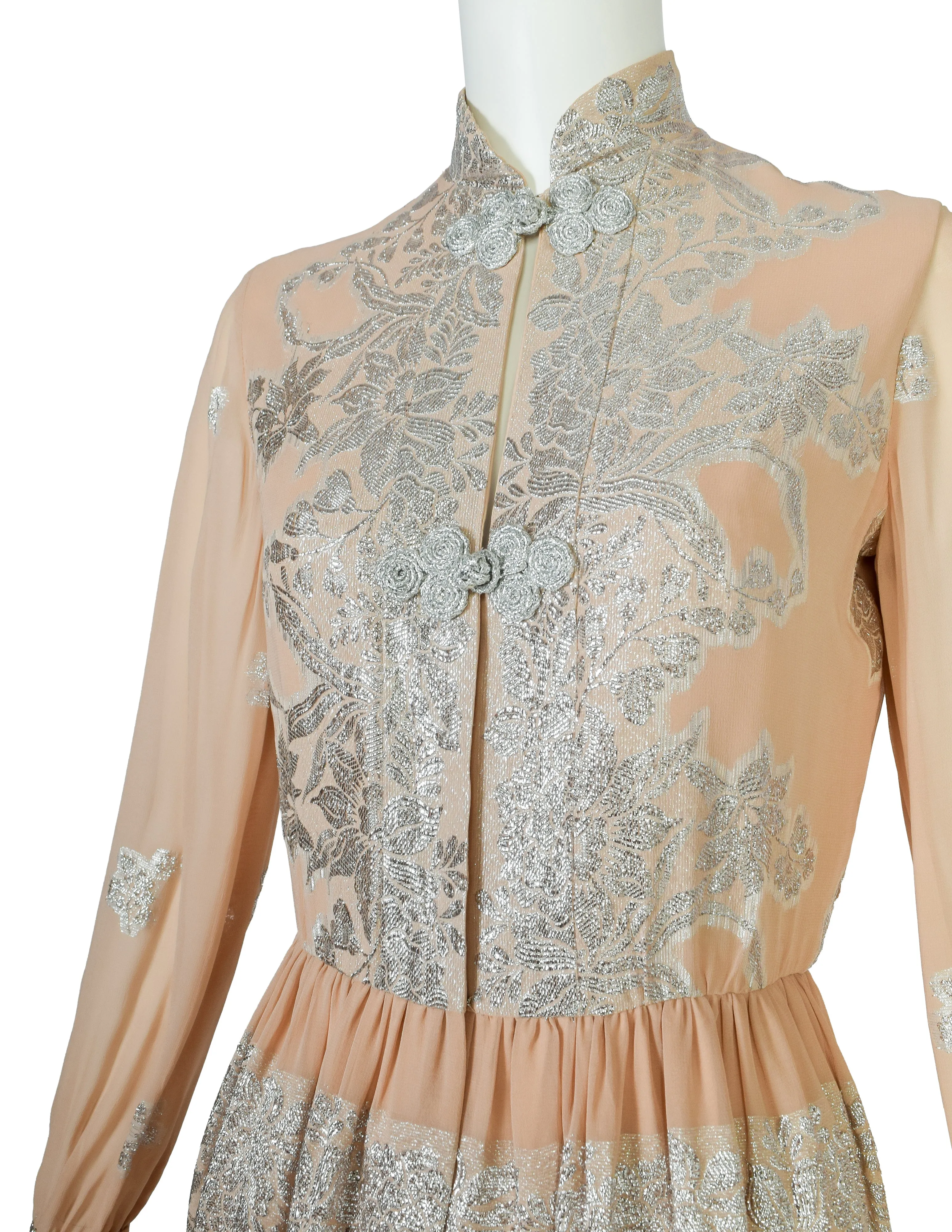 Oscar de la Renta Vintage 1960s Almond Silk Chiffon and Silver Lame Lurex Floral Maxi Dress