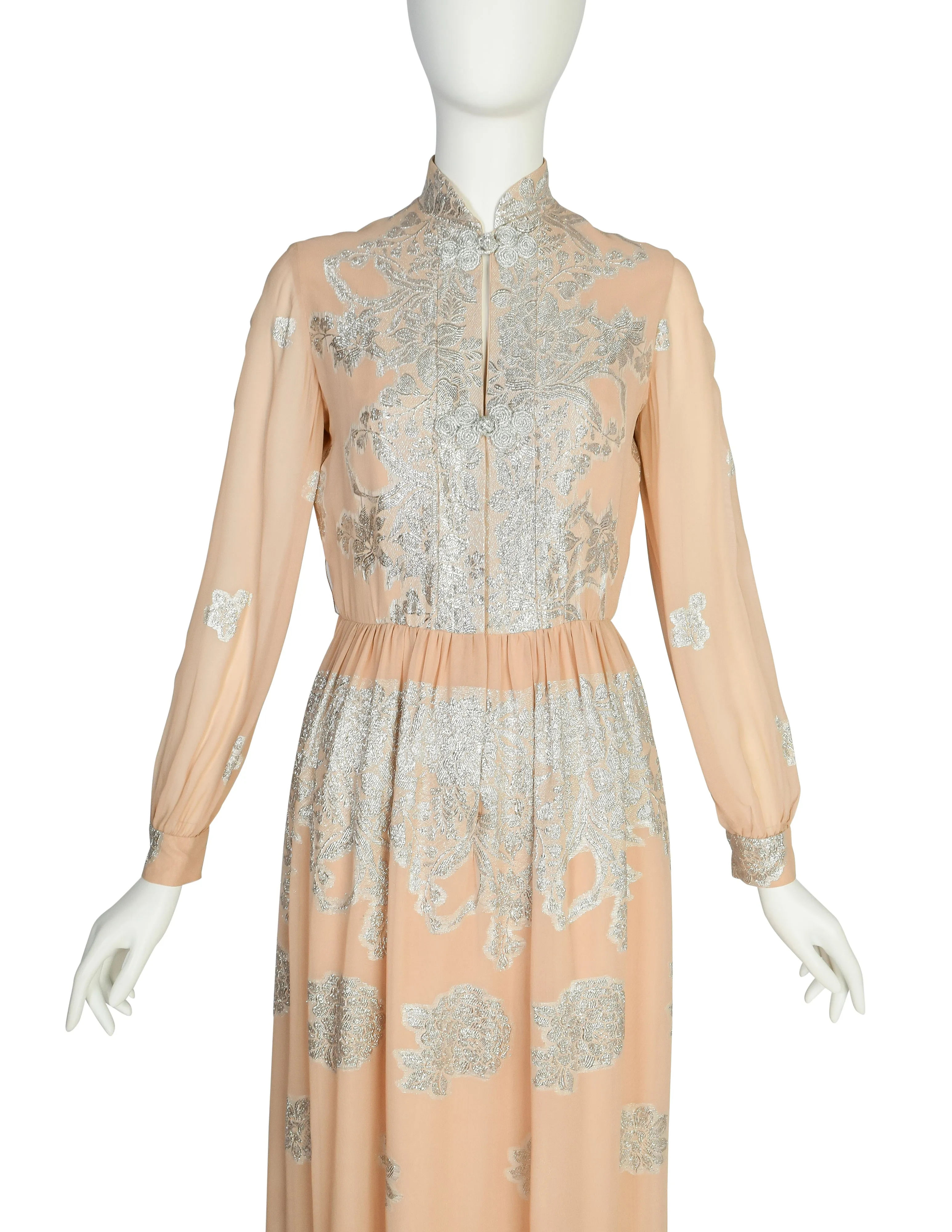 Oscar de la Renta Vintage 1960s Almond Silk Chiffon and Silver Lame Lurex Floral Maxi Dress