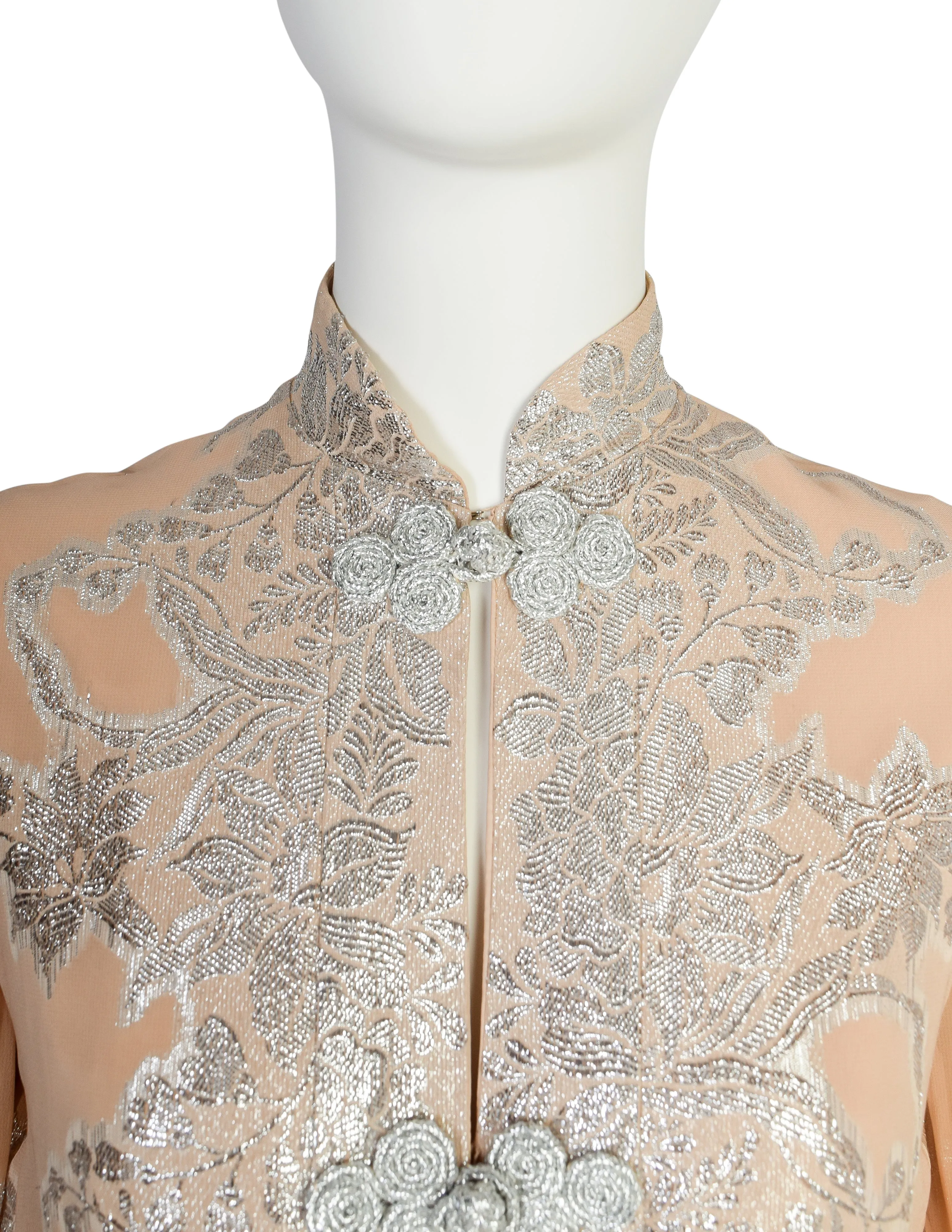 Oscar de la Renta Vintage 1960s Almond Silk Chiffon and Silver Lame Lurex Floral Maxi Dress