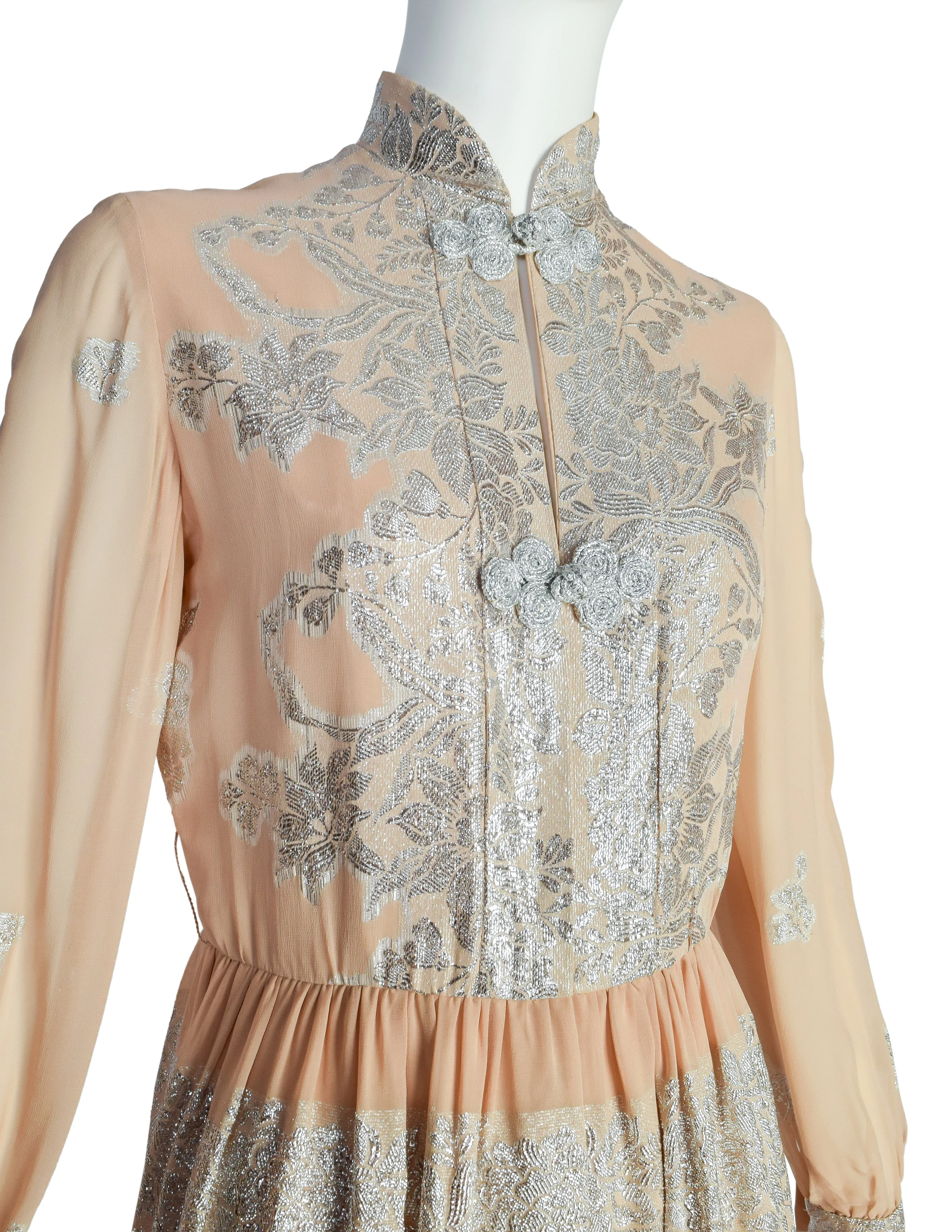 Oscar de la Renta Vintage 1960s Almond Silk Chiffon and Silver Lame Lurex Floral Maxi Dress