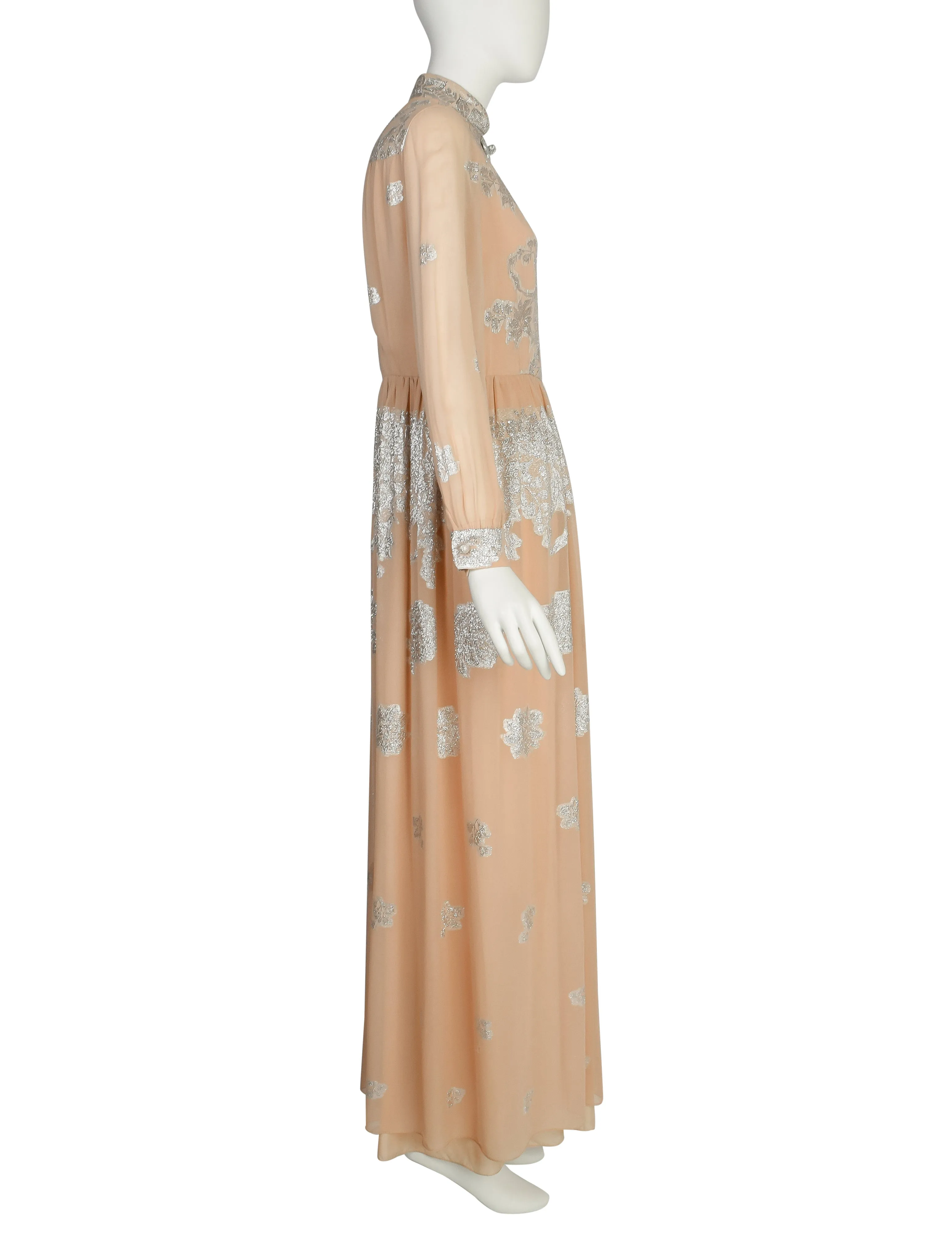 Oscar de la Renta Vintage 1960s Almond Silk Chiffon and Silver Lame Lurex Floral Maxi Dress