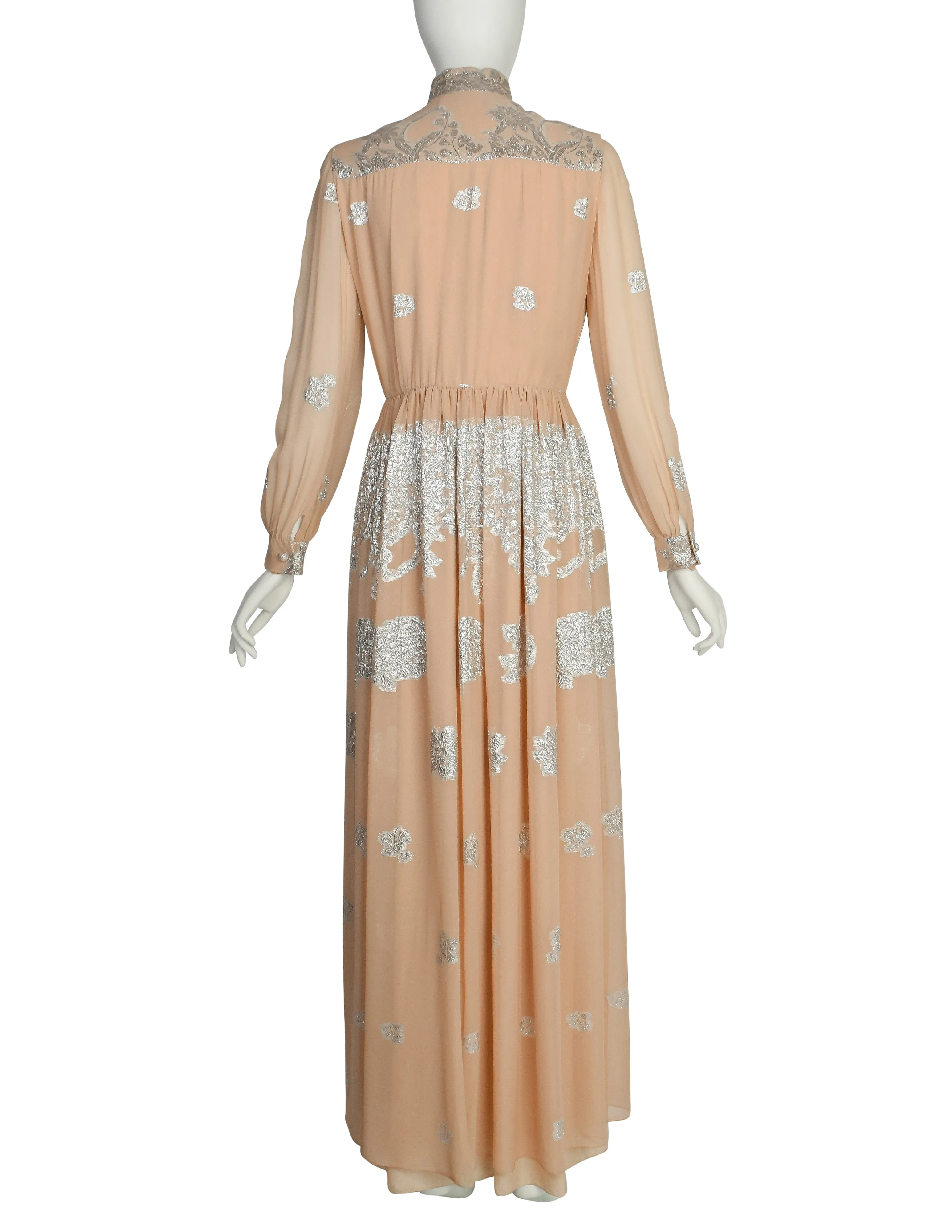 Oscar de la Renta Vintage 1960s Almond Silk Chiffon and Silver Lame Lurex Floral Maxi Dress