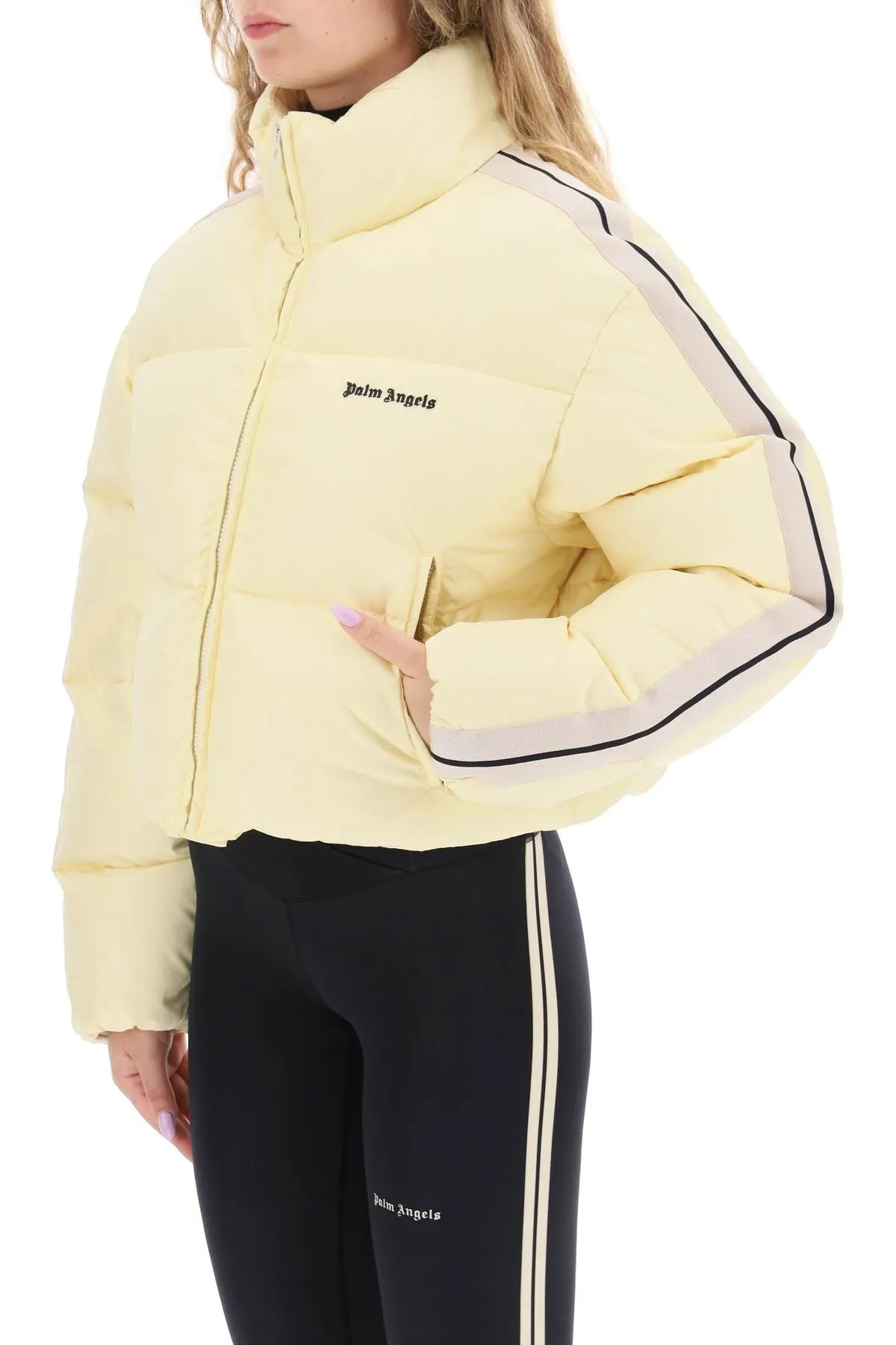 Palm Angels Cropped Puffer Jacket With Bands On Sleeves