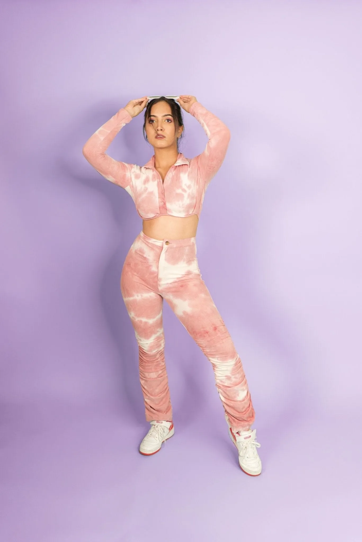 Pink Tie-Dye Half Placket Top with Gathered Hem Pants Coord Set