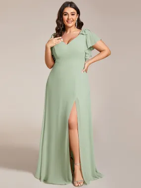 Plus Split Ruffles Sleeves with Bowknot V-neck Chiffon Bridesmaid Dress