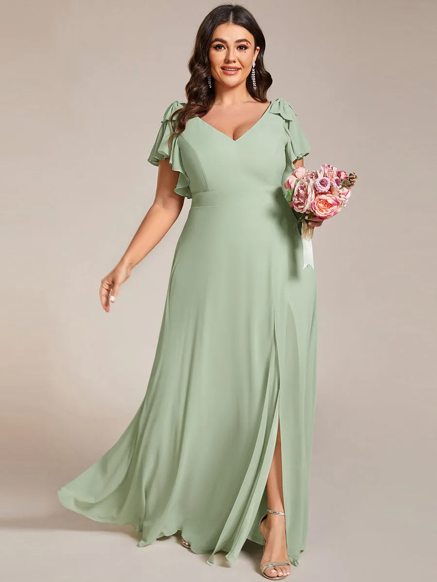 Plus Split Ruffles Sleeves with Bowknot V-neck Chiffon Bridesmaid Dress