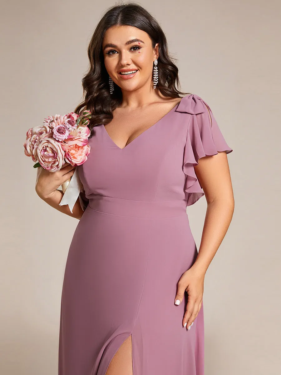 Plus Split Ruffles Sleeves with Bowknot V-neck Chiffon Bridesmaid Dress