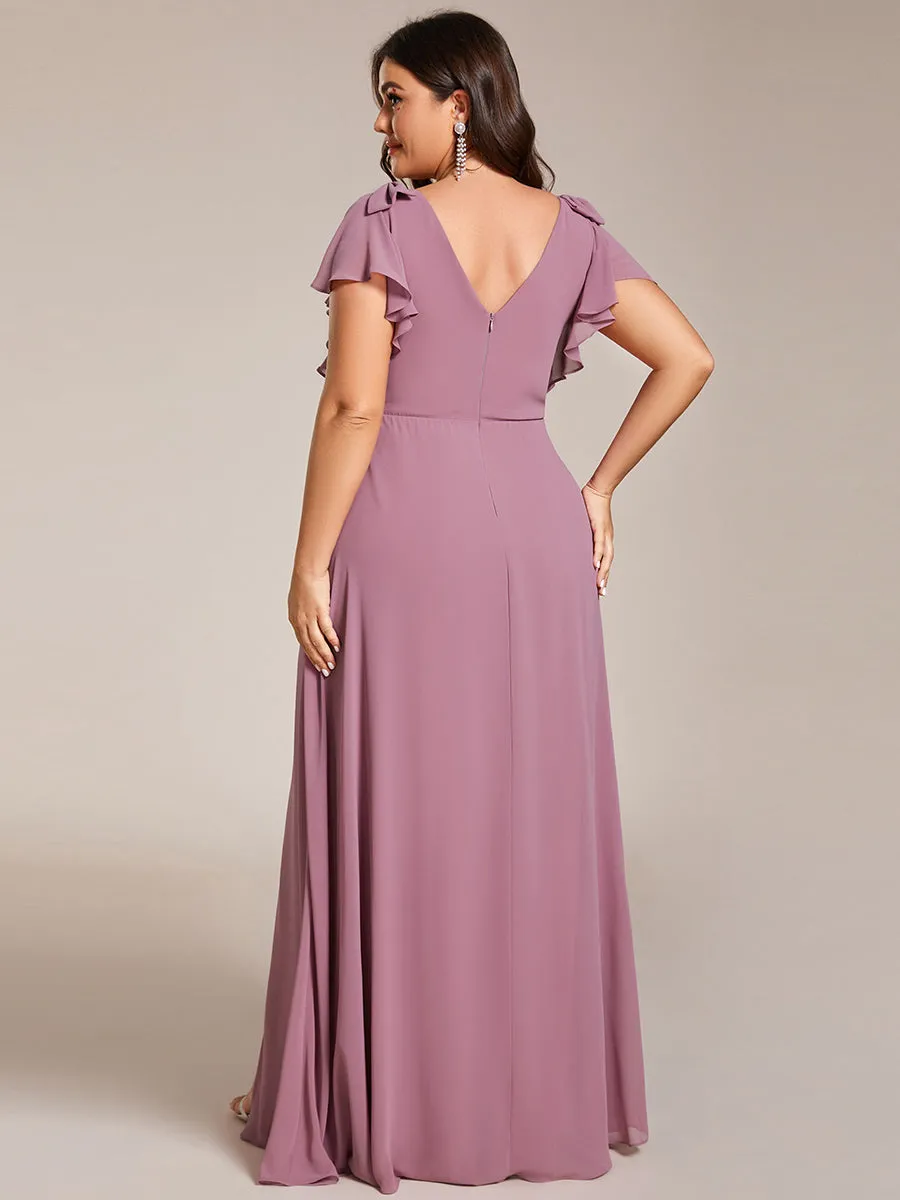 Plus Split Ruffles Sleeves with Bowknot V-neck Chiffon Bridesmaid Dress