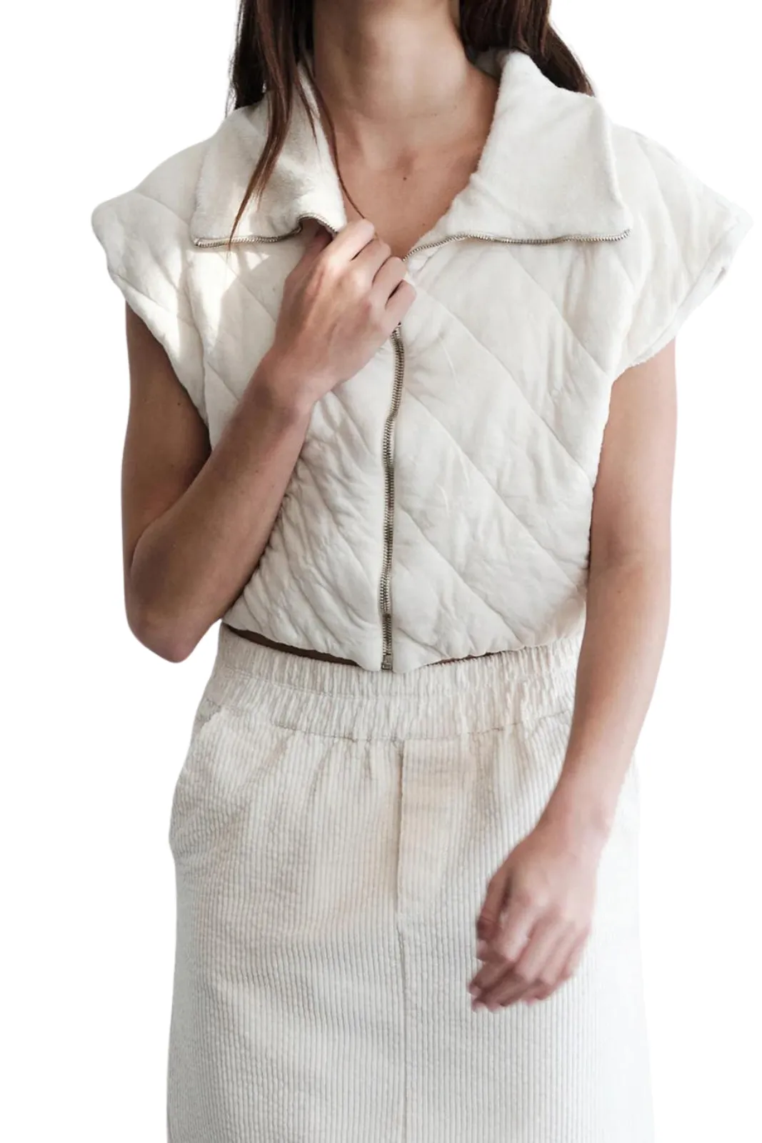 Quilted Cropped Zip Vest, Cream