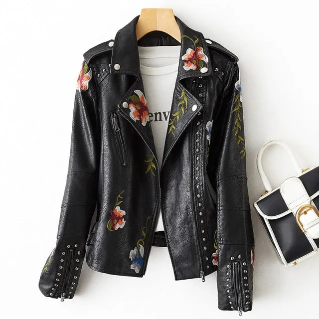 Retro Floral Embroidered Leather Jacket