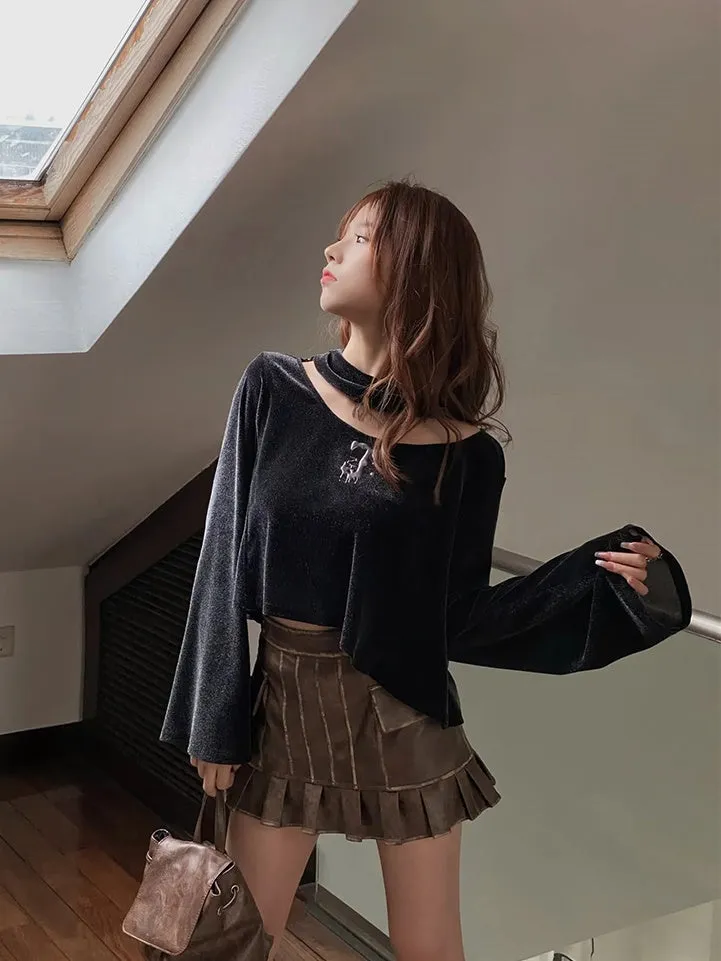 Retro Lace-Up Leather Pleats  Blouse＆Culottes【s0000004011】