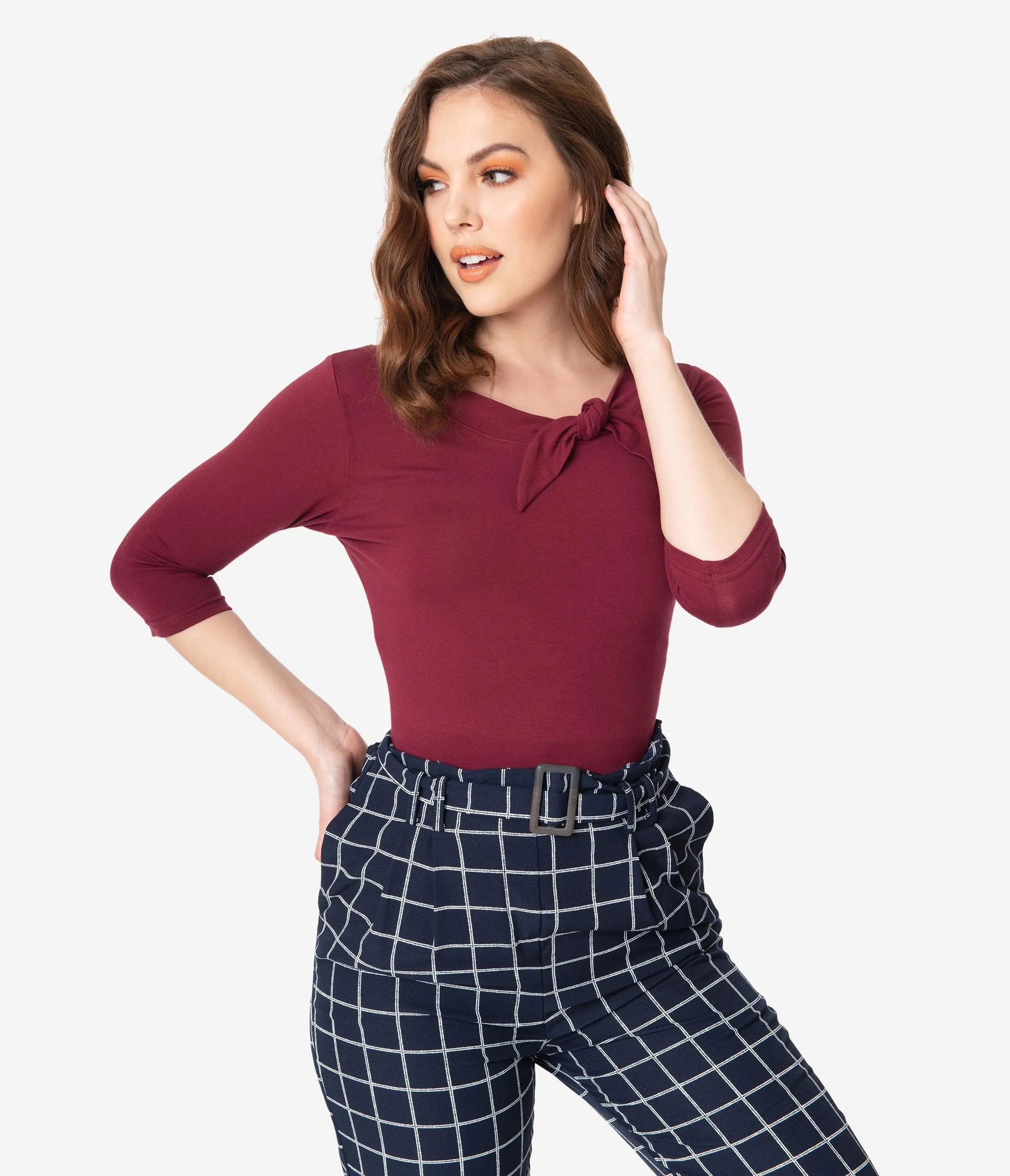 Retro Style Burgundy Three Quarter Sleeve Lily Top