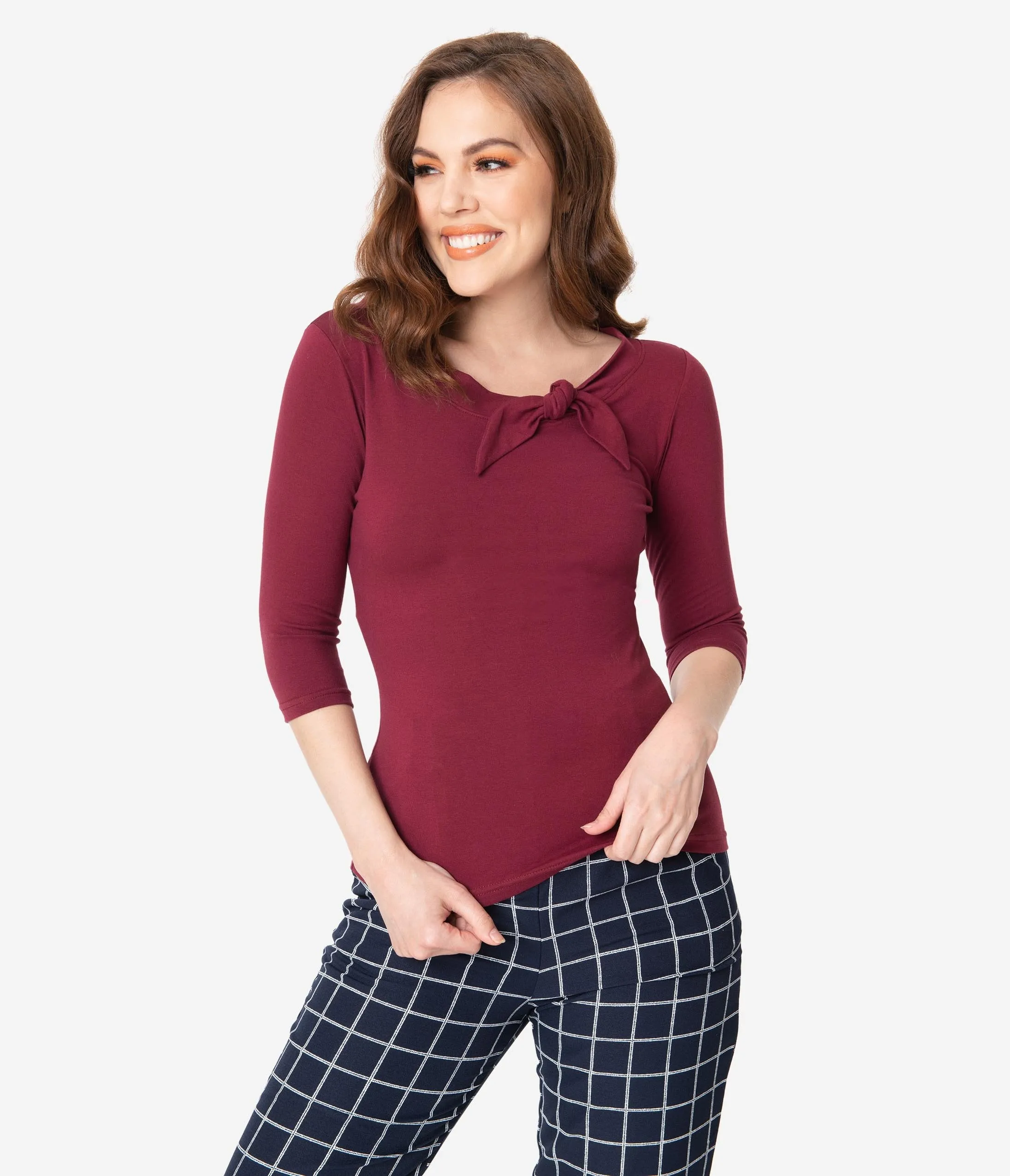 Retro Style Burgundy Three Quarter Sleeve Lily Top