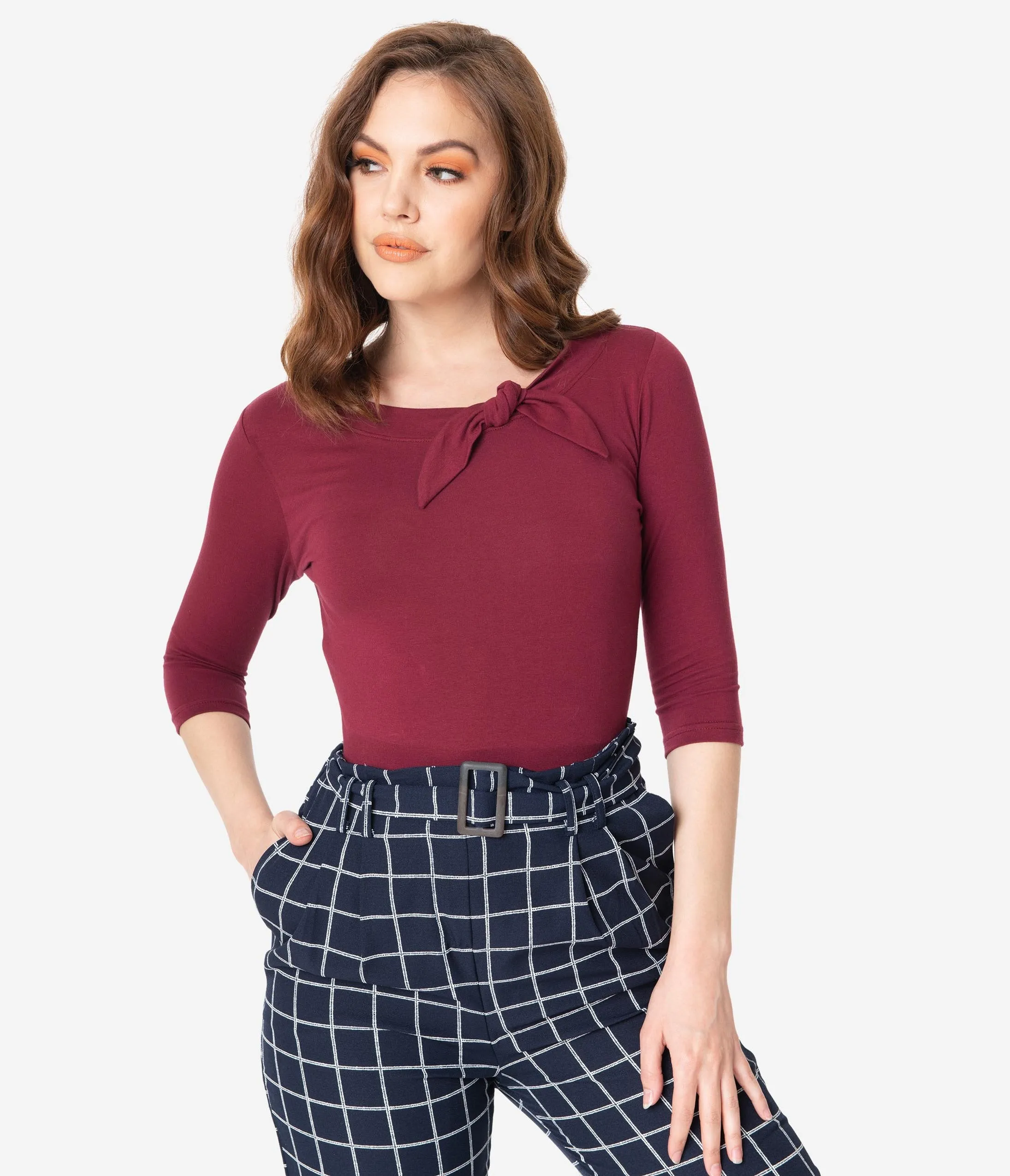 Retro Style Burgundy Three Quarter Sleeve Lily Top