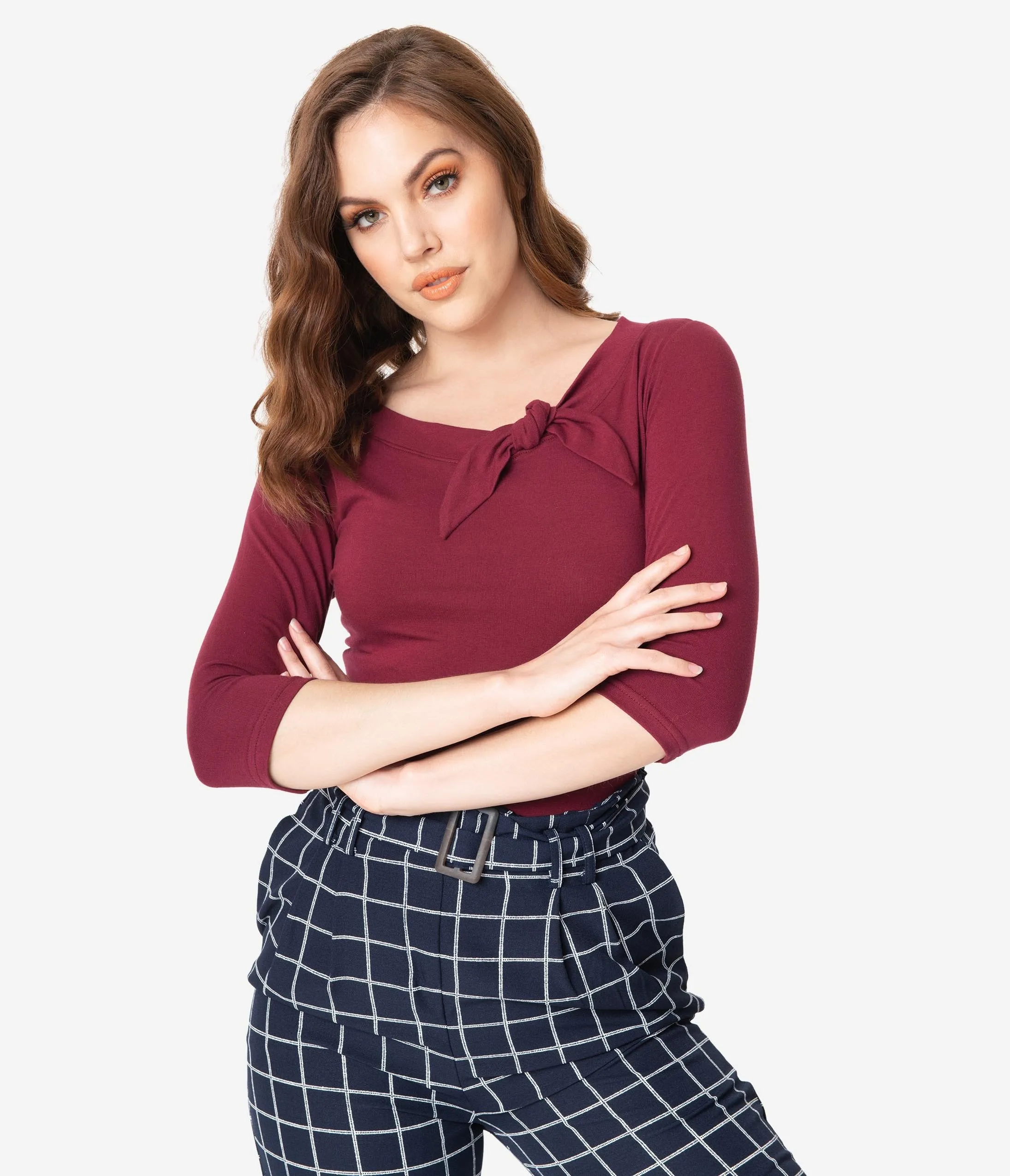 Retro Style Burgundy Three Quarter Sleeve Lily Top