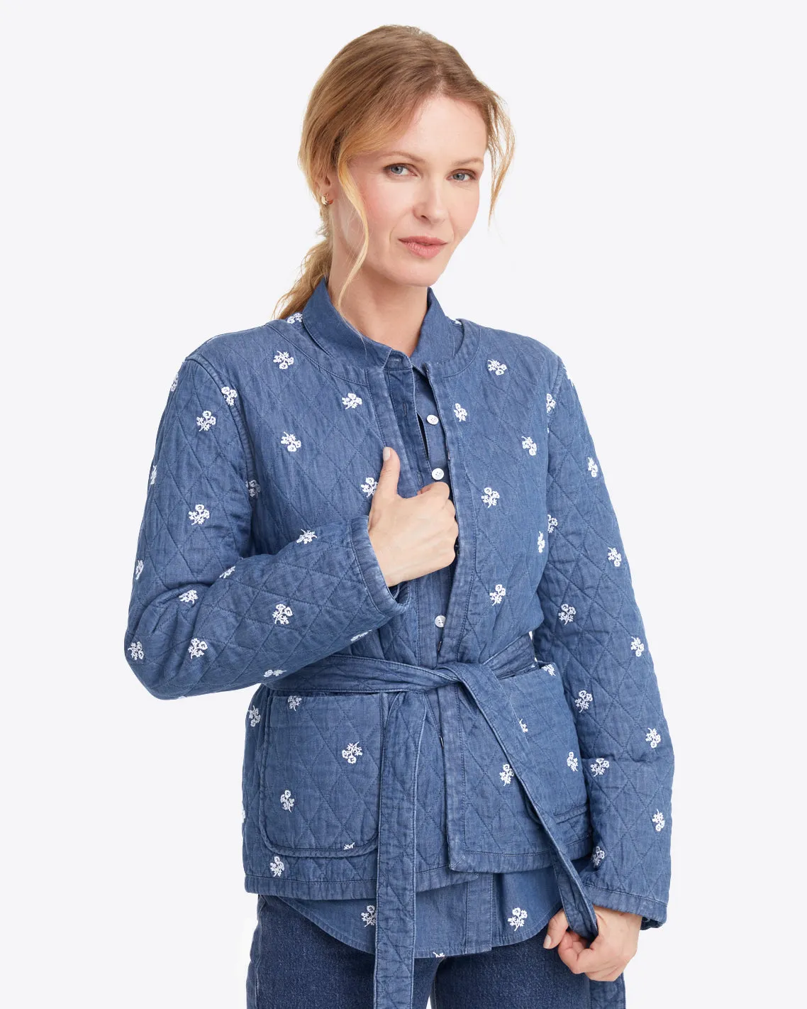 Reversible Belted Jacket in Embroidered Chambray