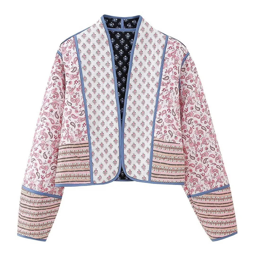 Reversible Paisley Floral Contrast Collarless Open Front Quilted Jacket