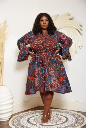 Rustic Brown African Print Long Sleeve Shirt Dress - Leila