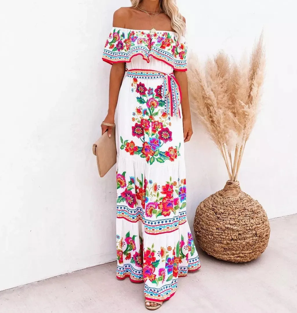 S - 3XL maxi Bamba Black / Boho Blanco resort cruise quince dress twist on campesino tradition   smooth floral or ombré prints > photography