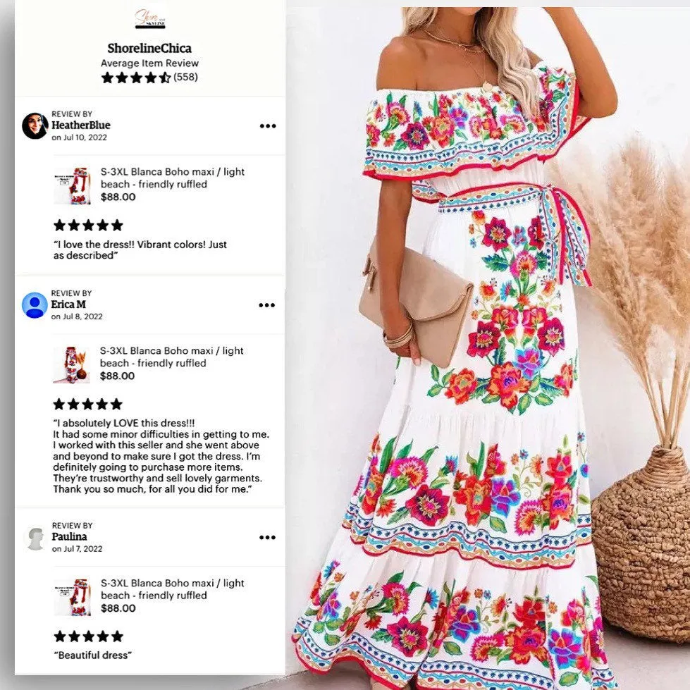 S - 3XL maxi Bamba Black / Boho Blanco resort cruise quince dress twist on campesino tradition   smooth floral or ombré prints > photography