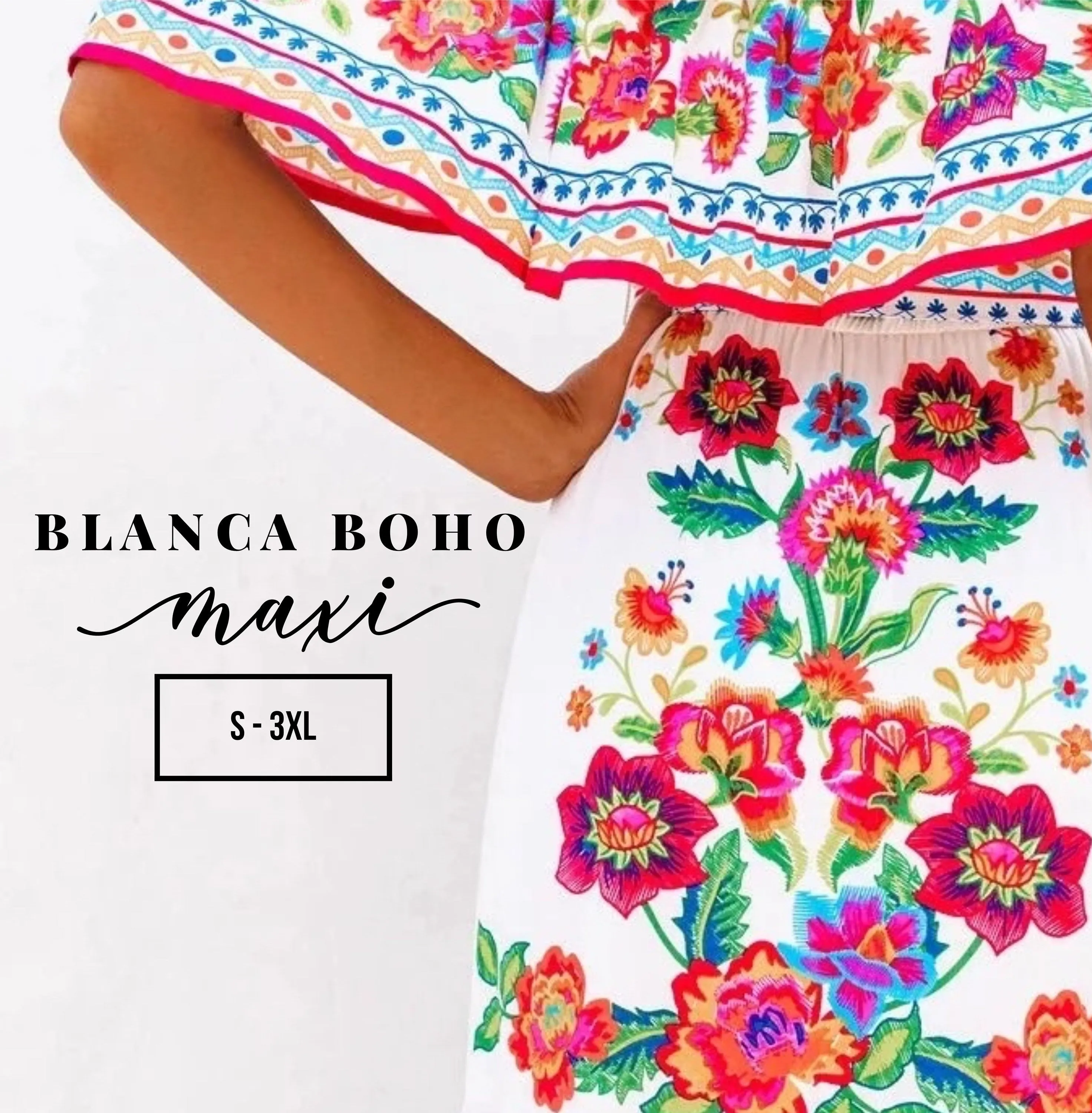 S - 3XL maxi Bamba Black / Boho Blanco resort cruise quince dress twist on campesino tradition   smooth floral or ombré prints > photography