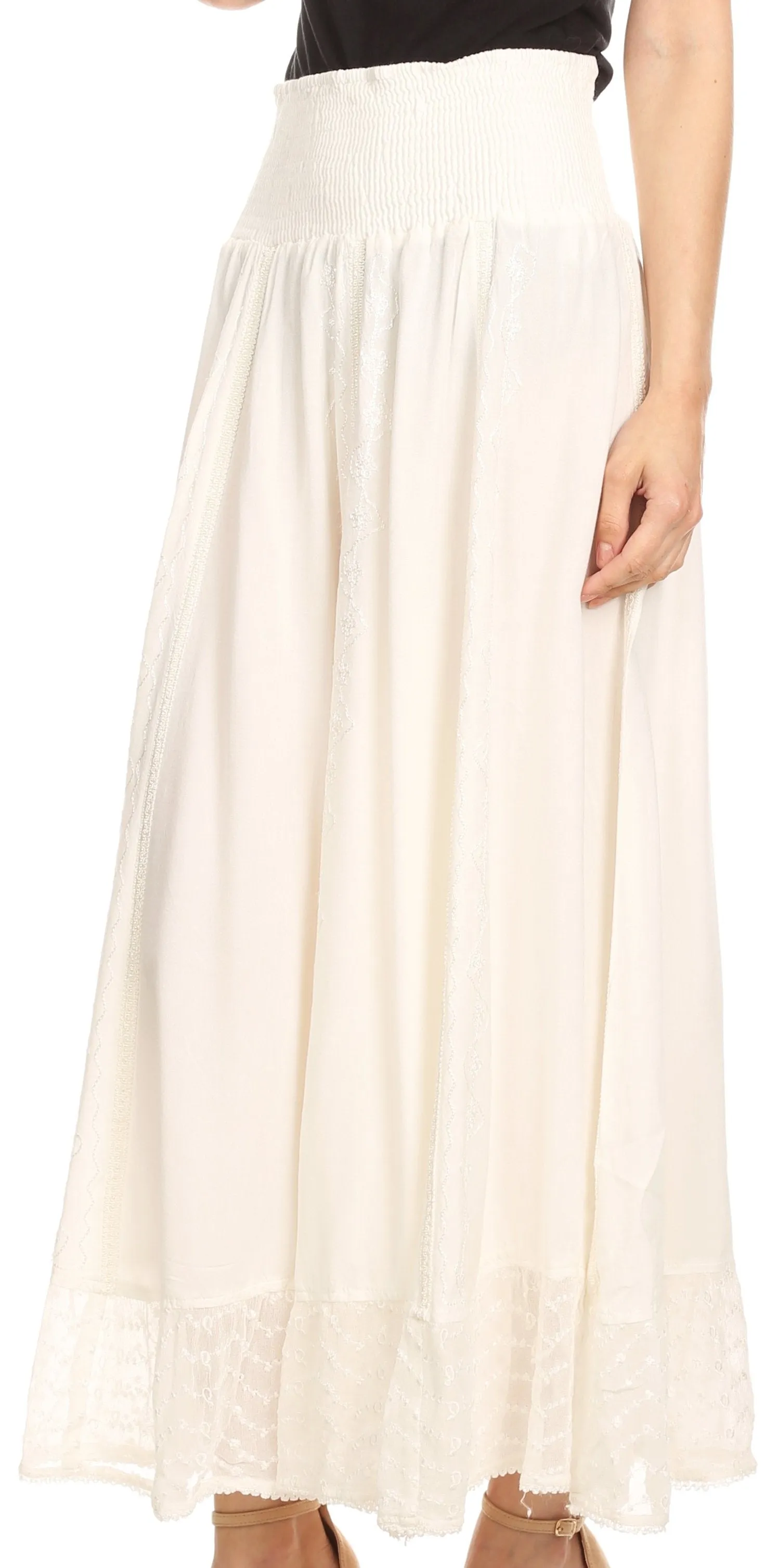 Sakkas Ines Womens Gypsy Maxi Bohemian Long Skirt With Elastic Smock Waist & Lace