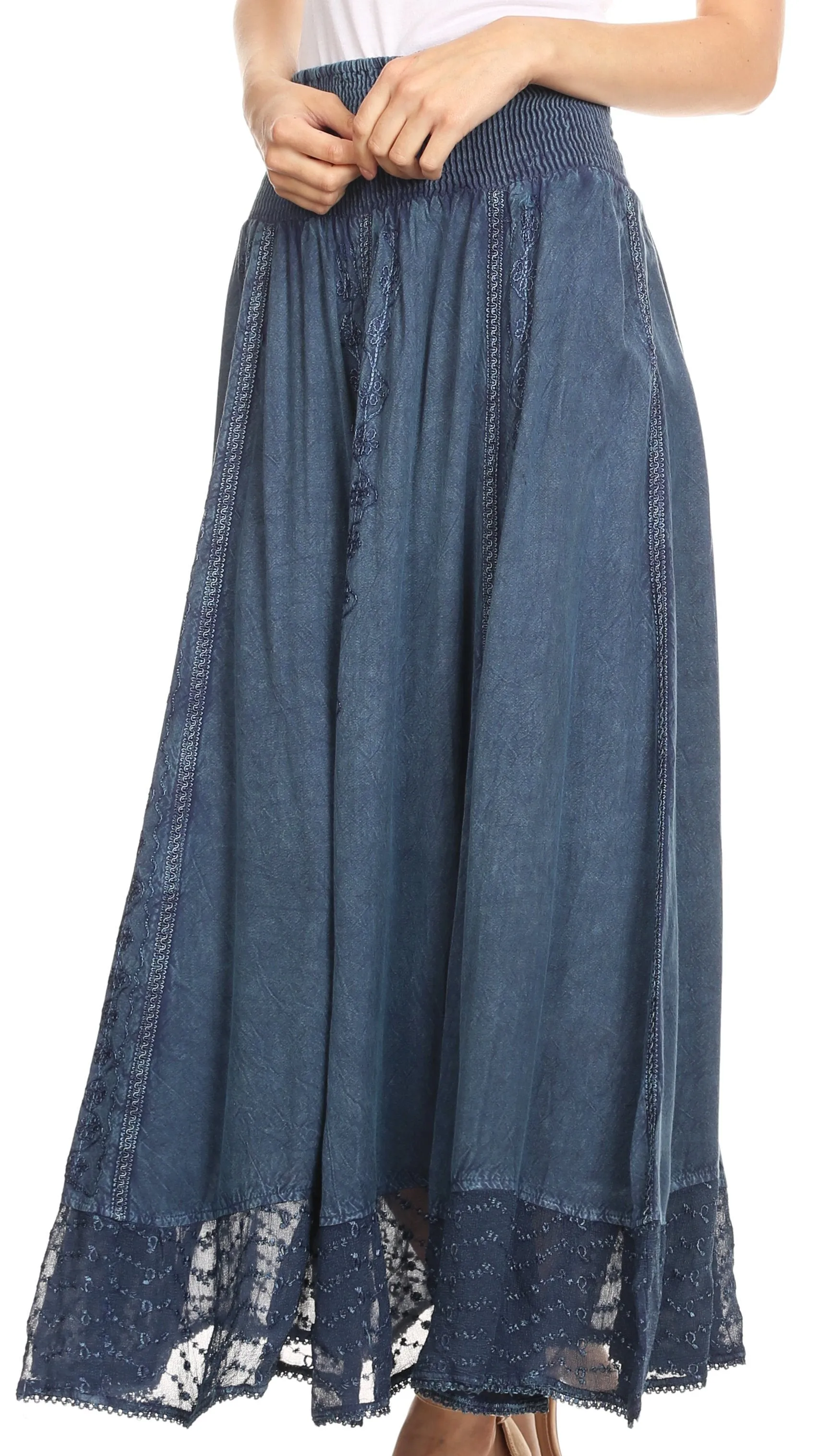 Sakkas Ines Womens Gypsy Maxi Bohemian Long Skirt With Elastic Smock Waist & Lace